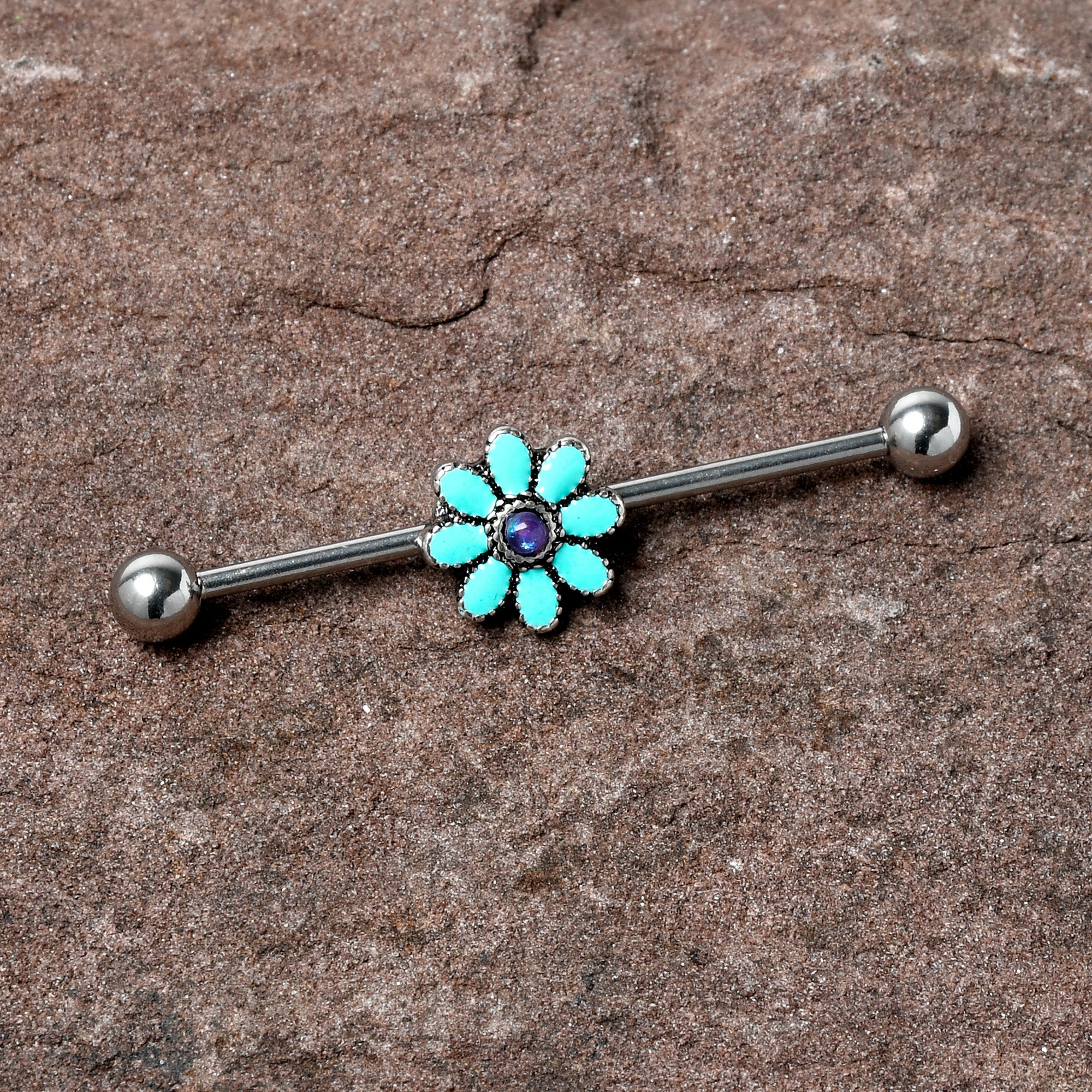 14 Gauge Blue Faux Opal Flower Teal Petals Industrial Barbell 38mm