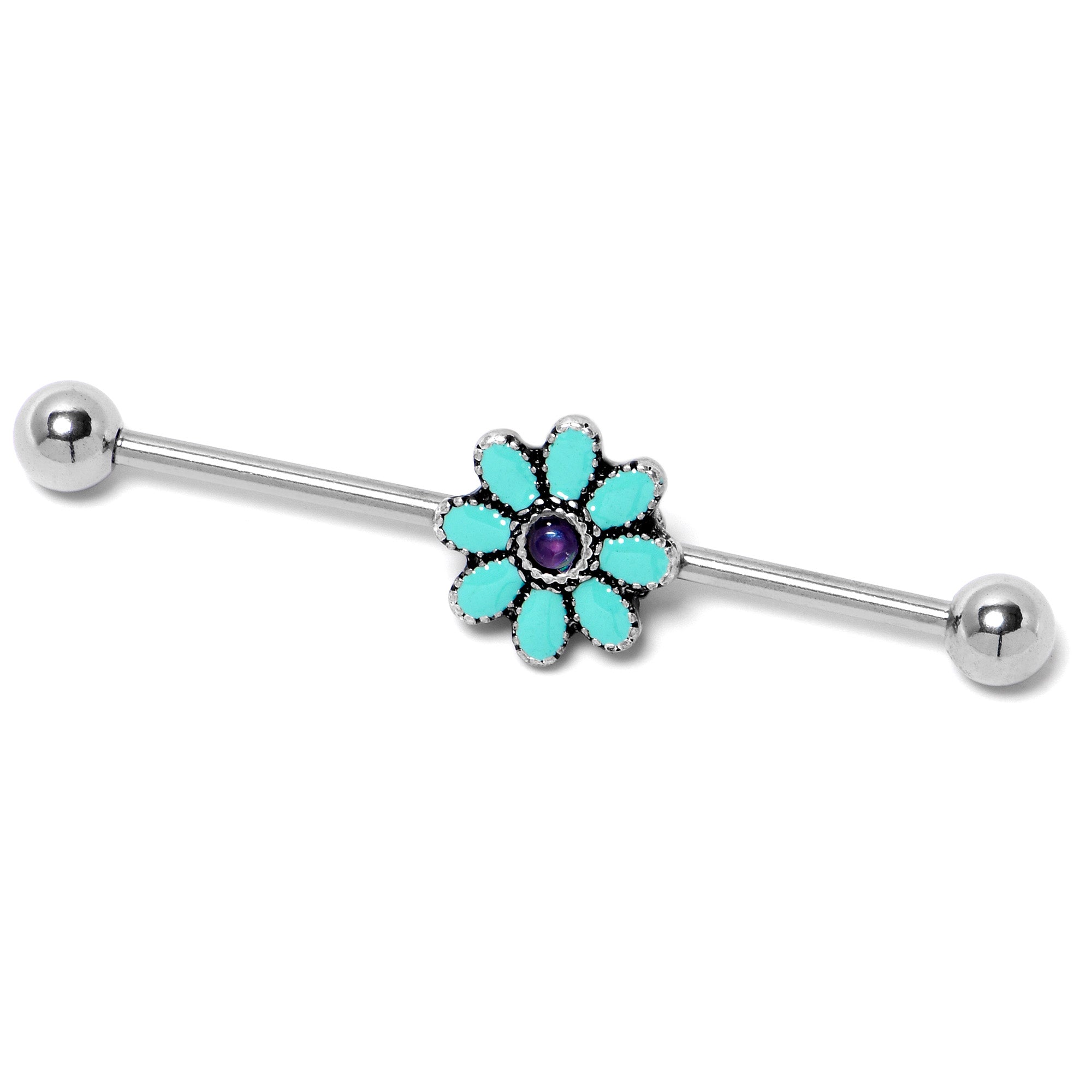 14 Gauge Blue Faux Opal Flower Teal Petals Industrial Barbell 38mm