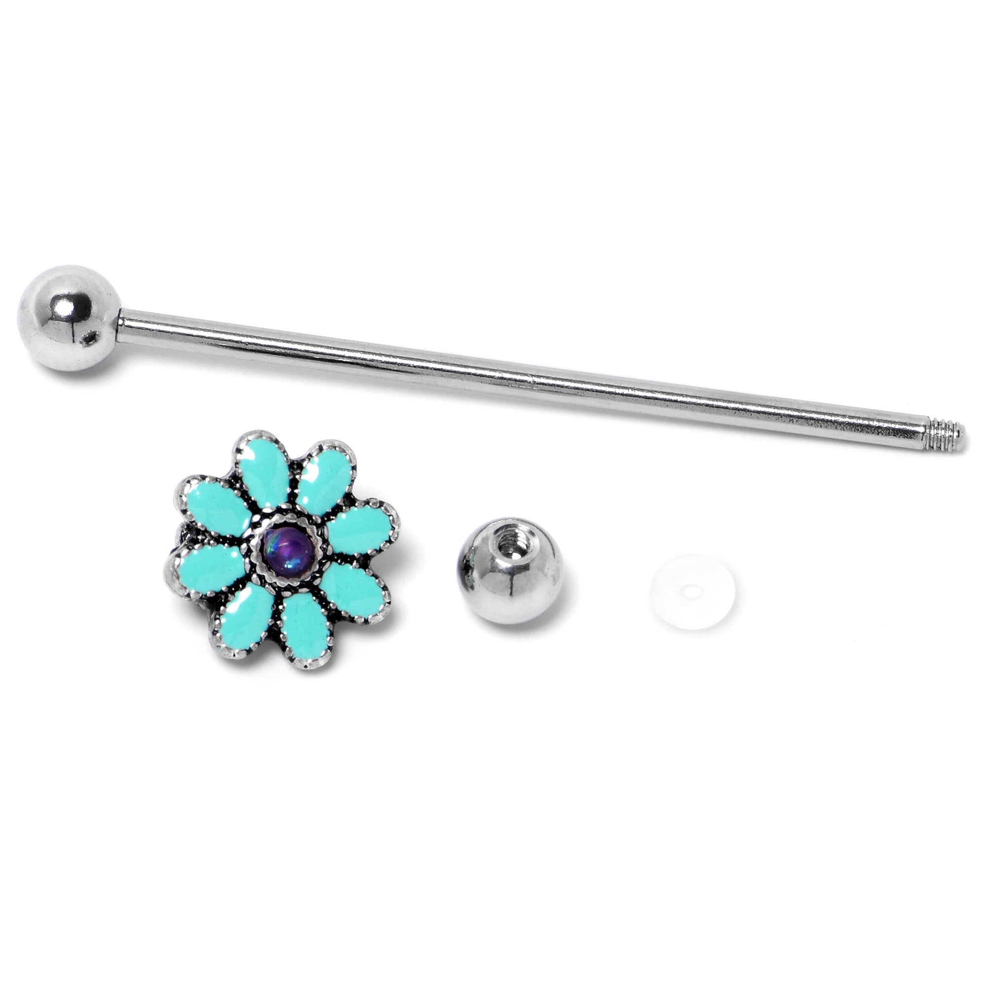 14 Gauge Blue Faux Opal Flower Teal Petals Industrial Barbell 38mm