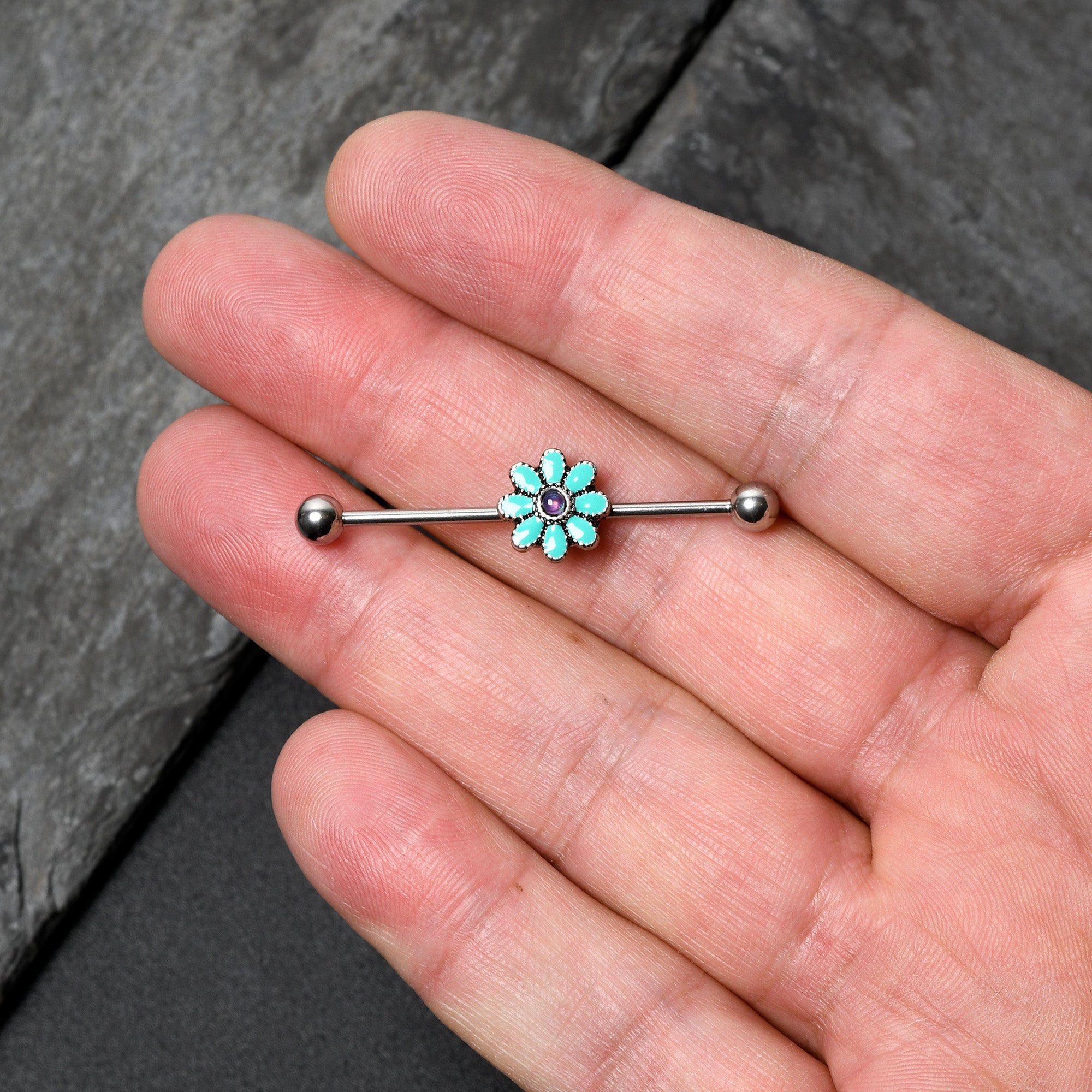 14 Gauge Blue Faux Opal Flower Teal Petals Industrial Barbell 38mm