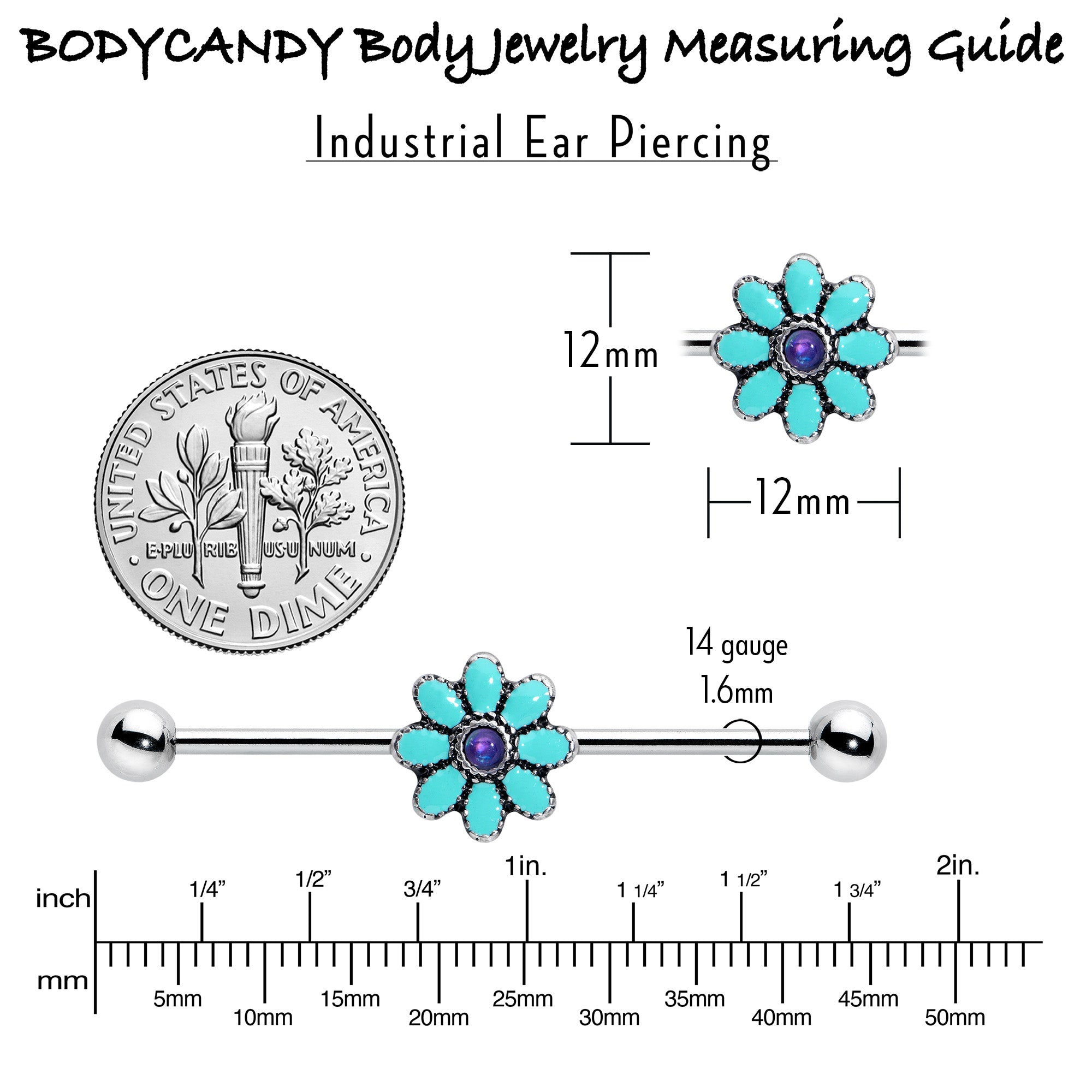 14 Gauge Blue Faux Opal Flower Teal Petals Industrial Barbell 38mm