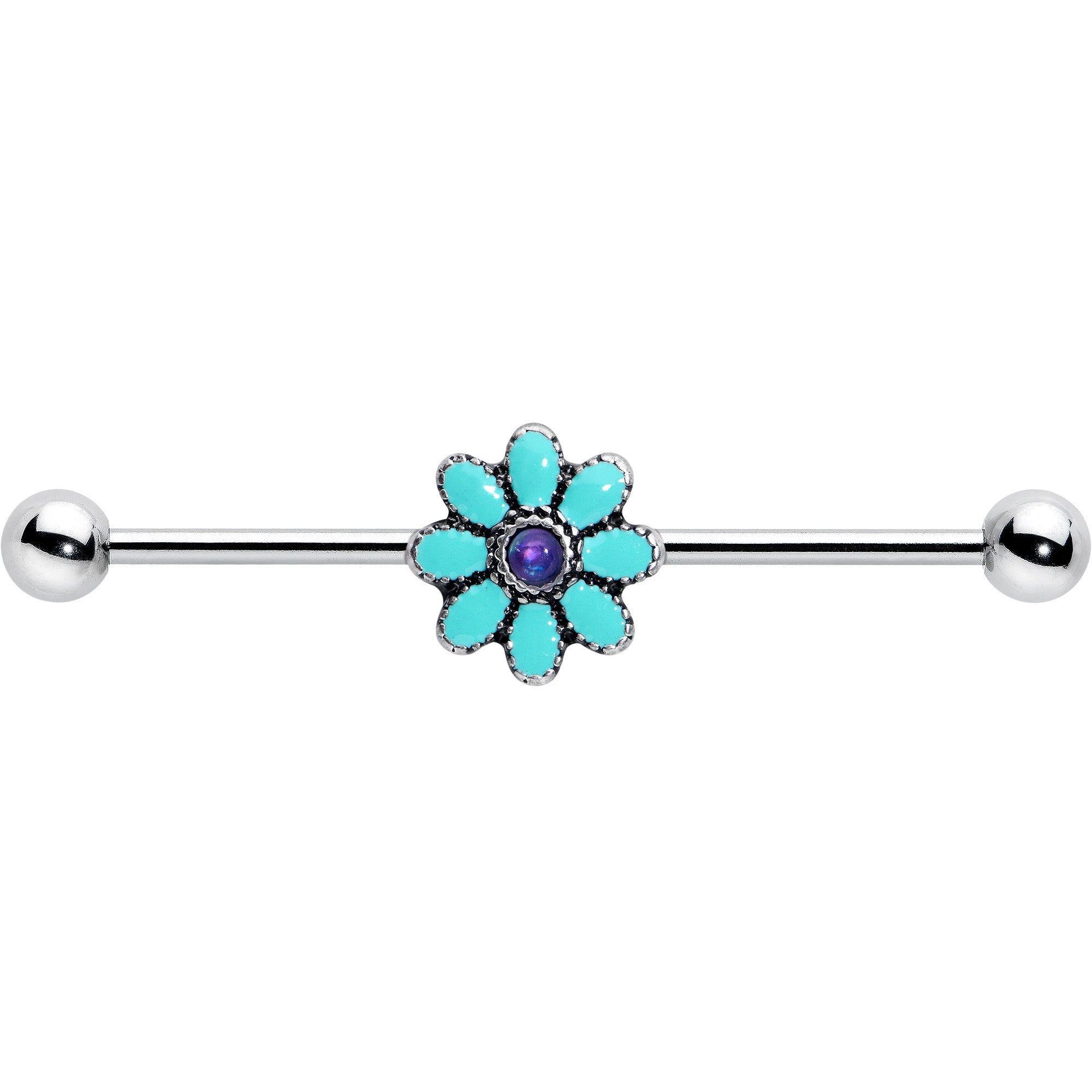 14 Gauge Blue Faux Opal Flower Teal Petals Industrial Barbell 38mm