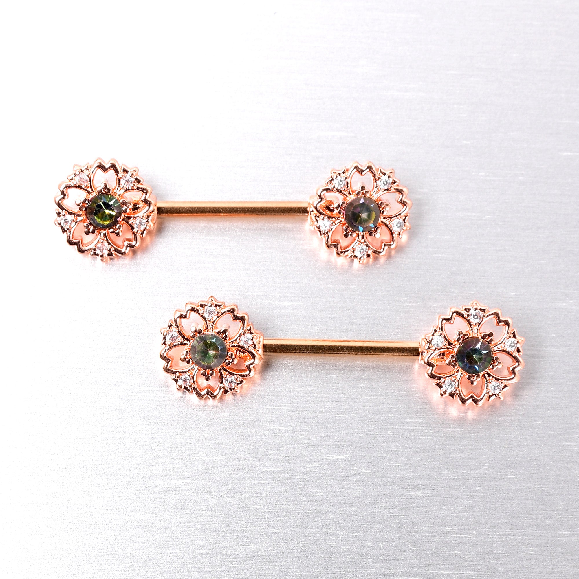 14 Gauge 9/16 Vitrail Gem Rosy Hue Flower Barbell Nipple Ring Set