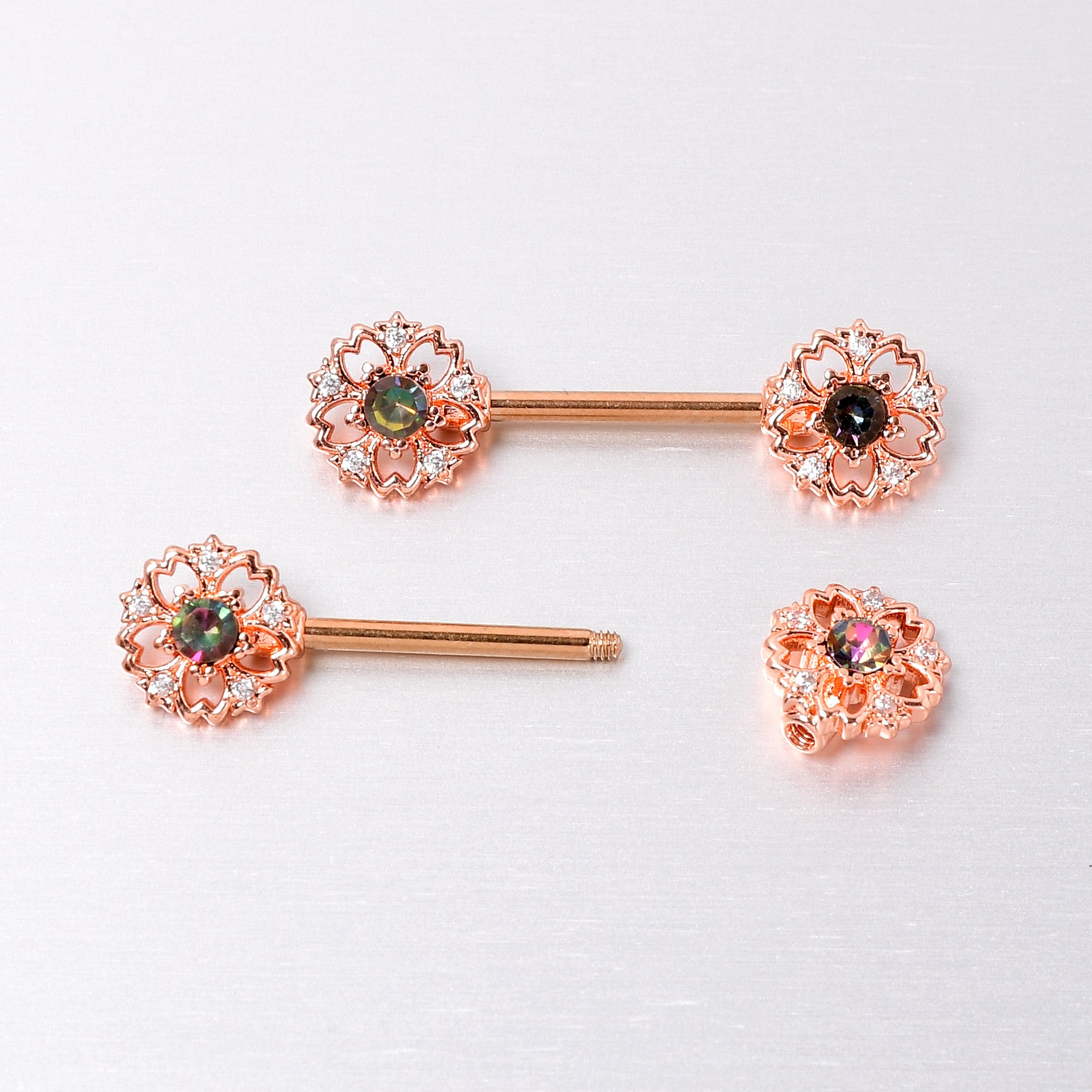 14 Gauge 9/16 Vitrail Gem Rosy Hue Flower Barbell Nipple Ring Set