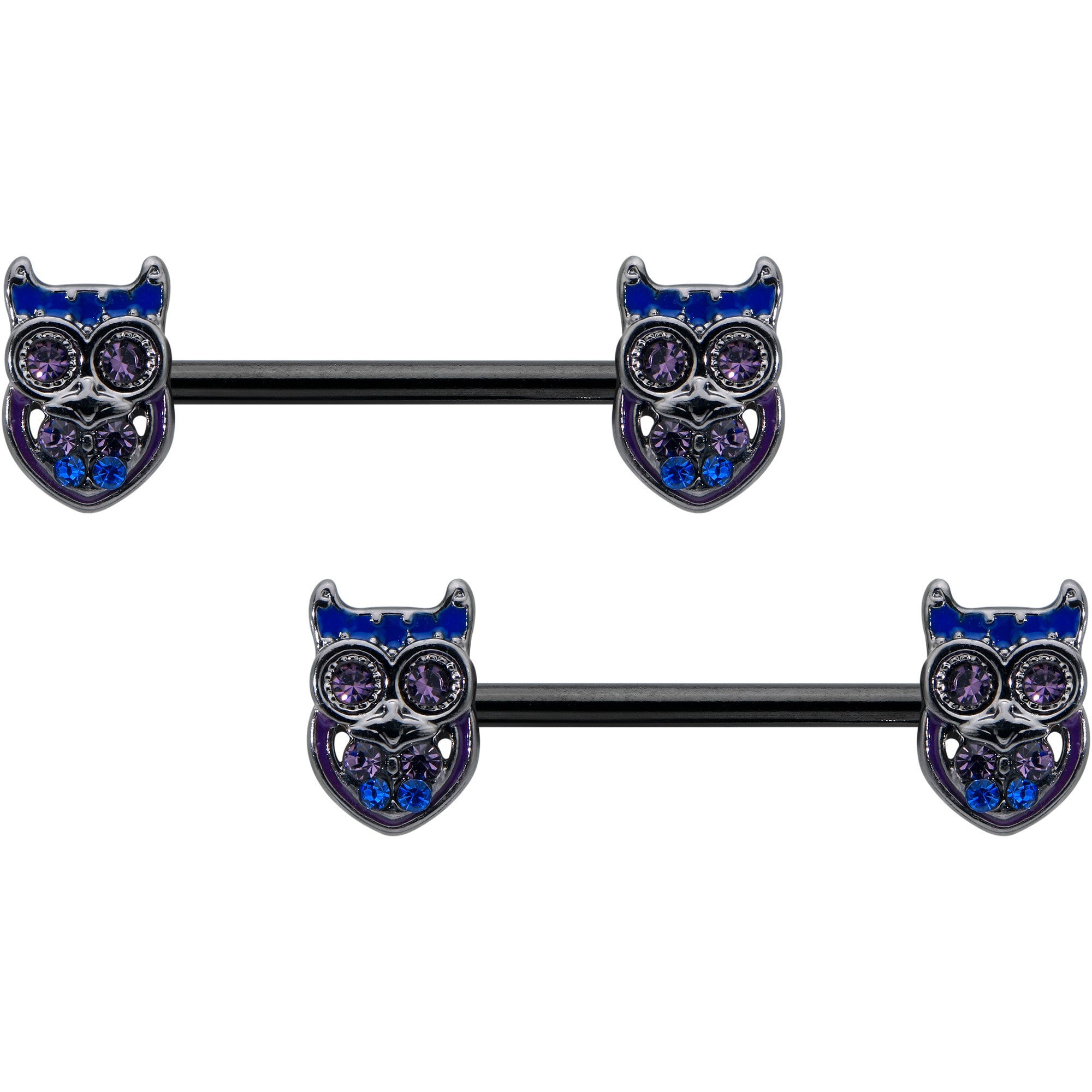 14 Gauge 9/16 Purple Blue Gem Black Opulent Owl Barbell Nipple Ring Set