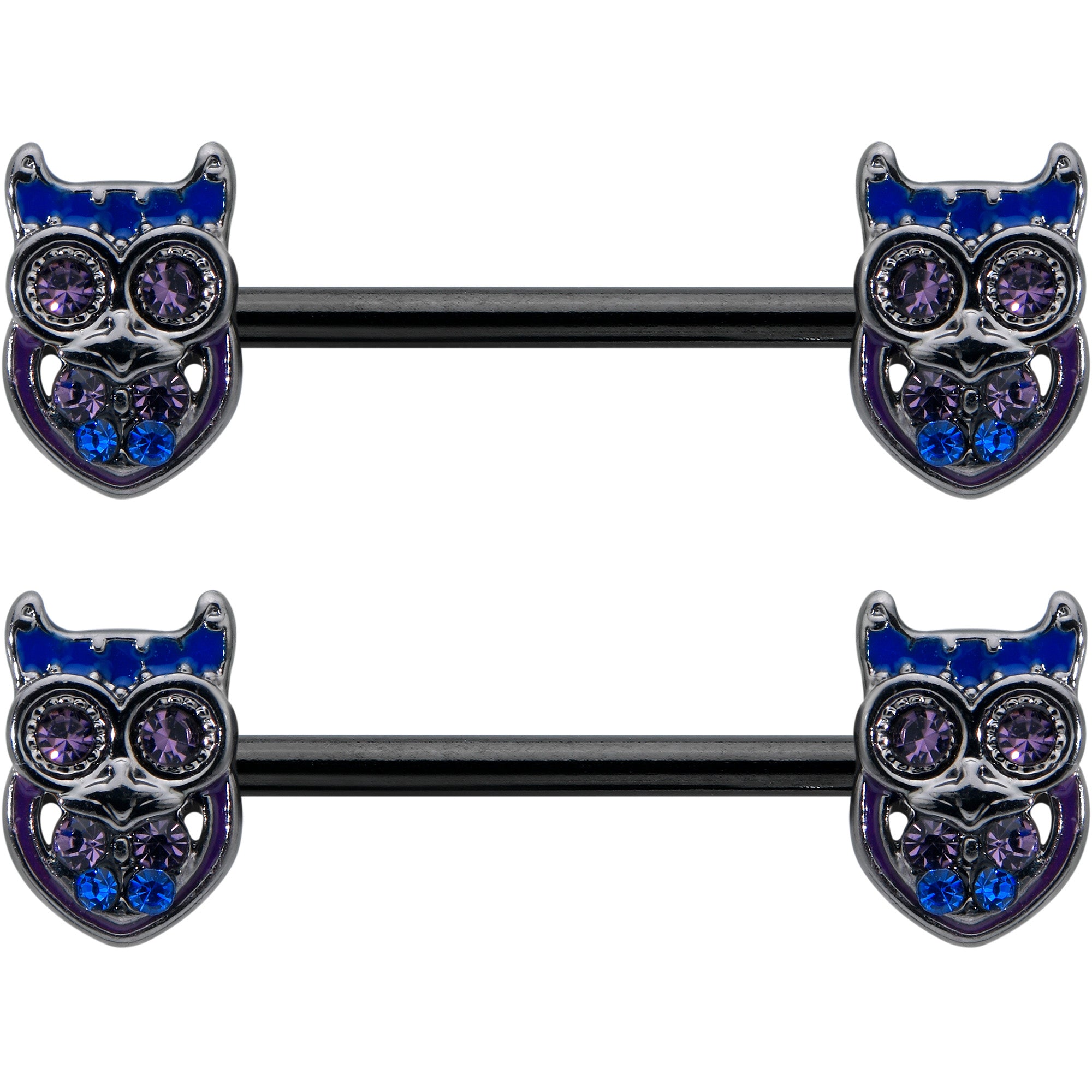 14 Gauge 9/16 Purple Blue Gem Black Opulent Owl Barbell Nipple Ring Set