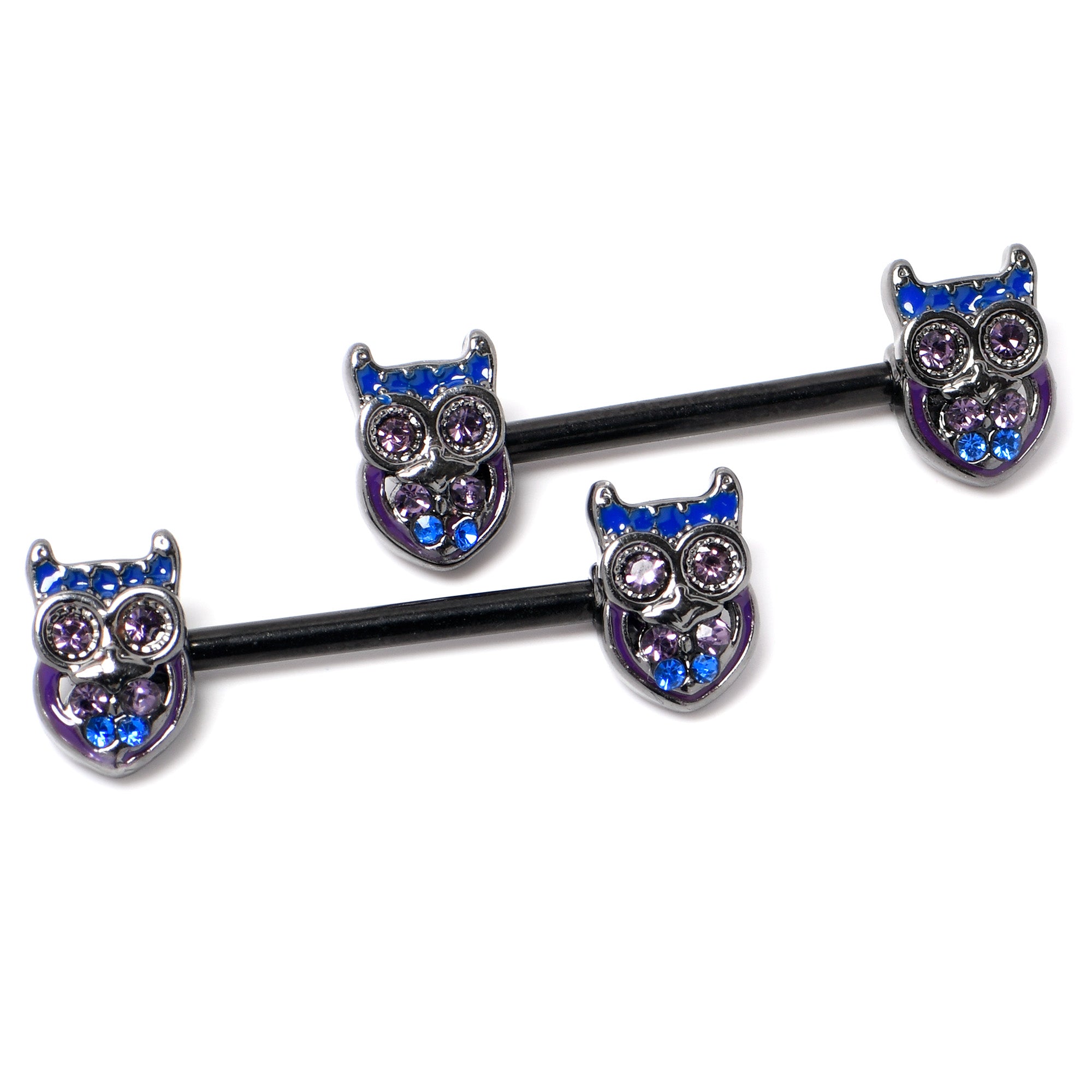 14 Gauge 9/16 Purple Blue Gem Black Opulent Owl Barbell Nipple Ring Set