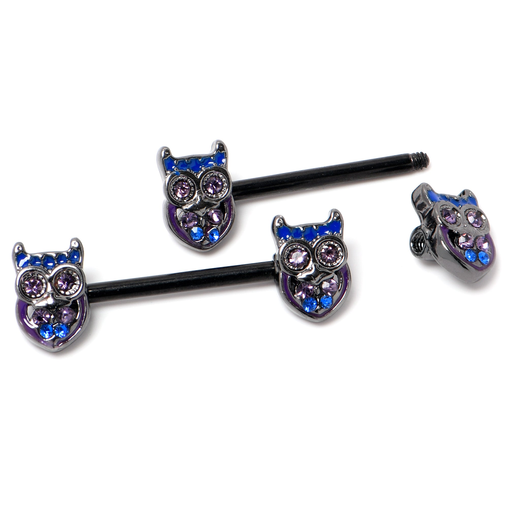 14 Gauge 9/16 Purple Blue Gem Black Opulent Owl Barbell Nipple Ring Set