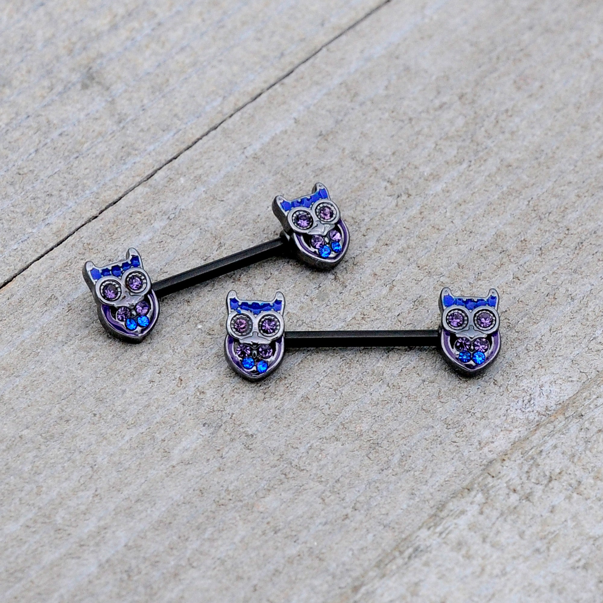 14 Gauge 9/16 Purple Blue Gem Black Opulent Owl Barbell Nipple Ring Set