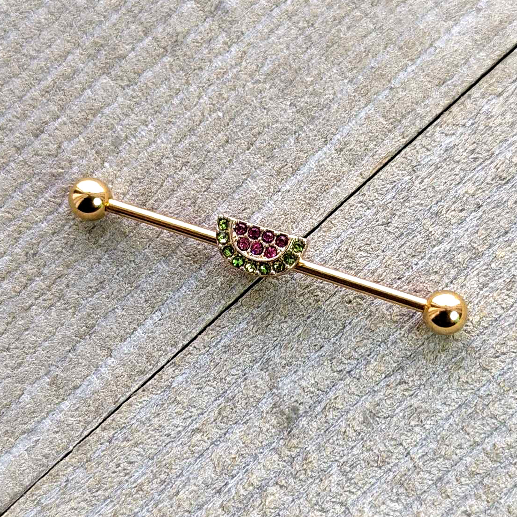 14 Gauge Pink Green Gem Gold Hue Watermelon Yum Industrial Barbell 38mm