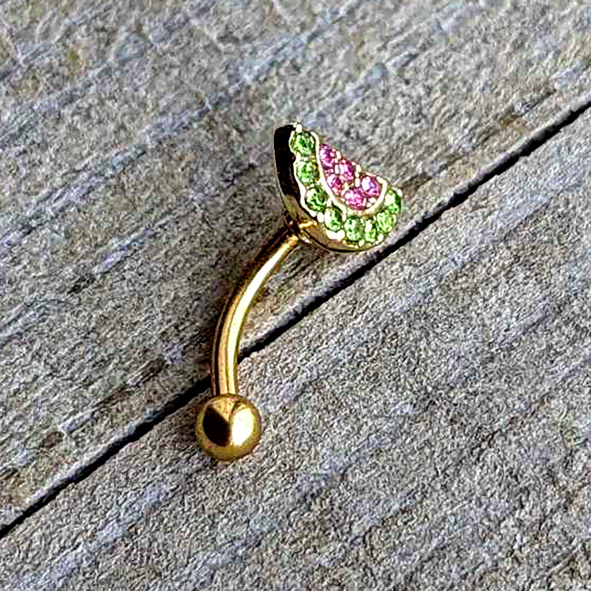 16 Gauge 5/16 Pink Gem Gold Tone Watermelon Yum Curved Eyebrow Ring