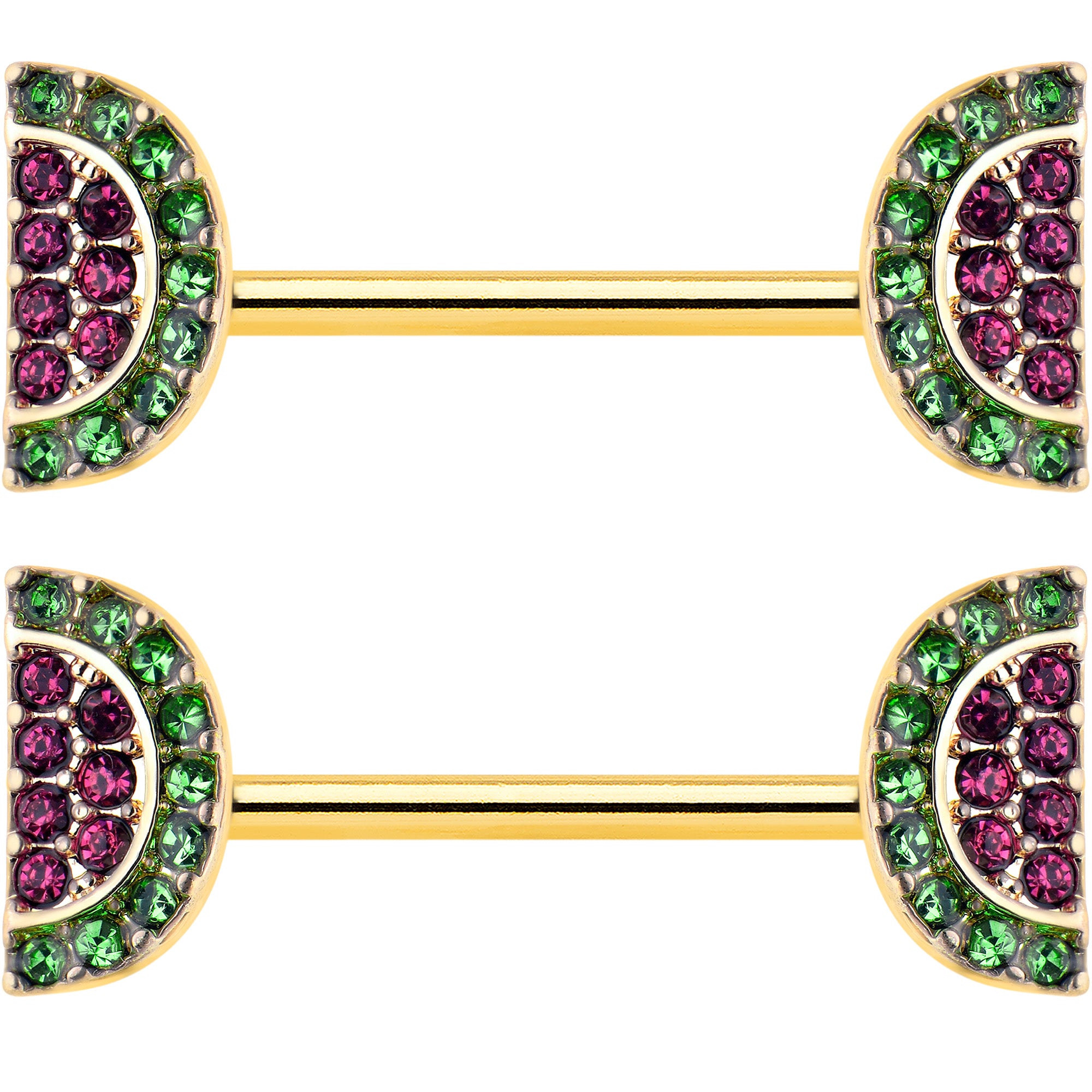 14 Gauge 9/16 Pink Gem Gold Hue Watermelon Yum Barbell Nipple Ring Set