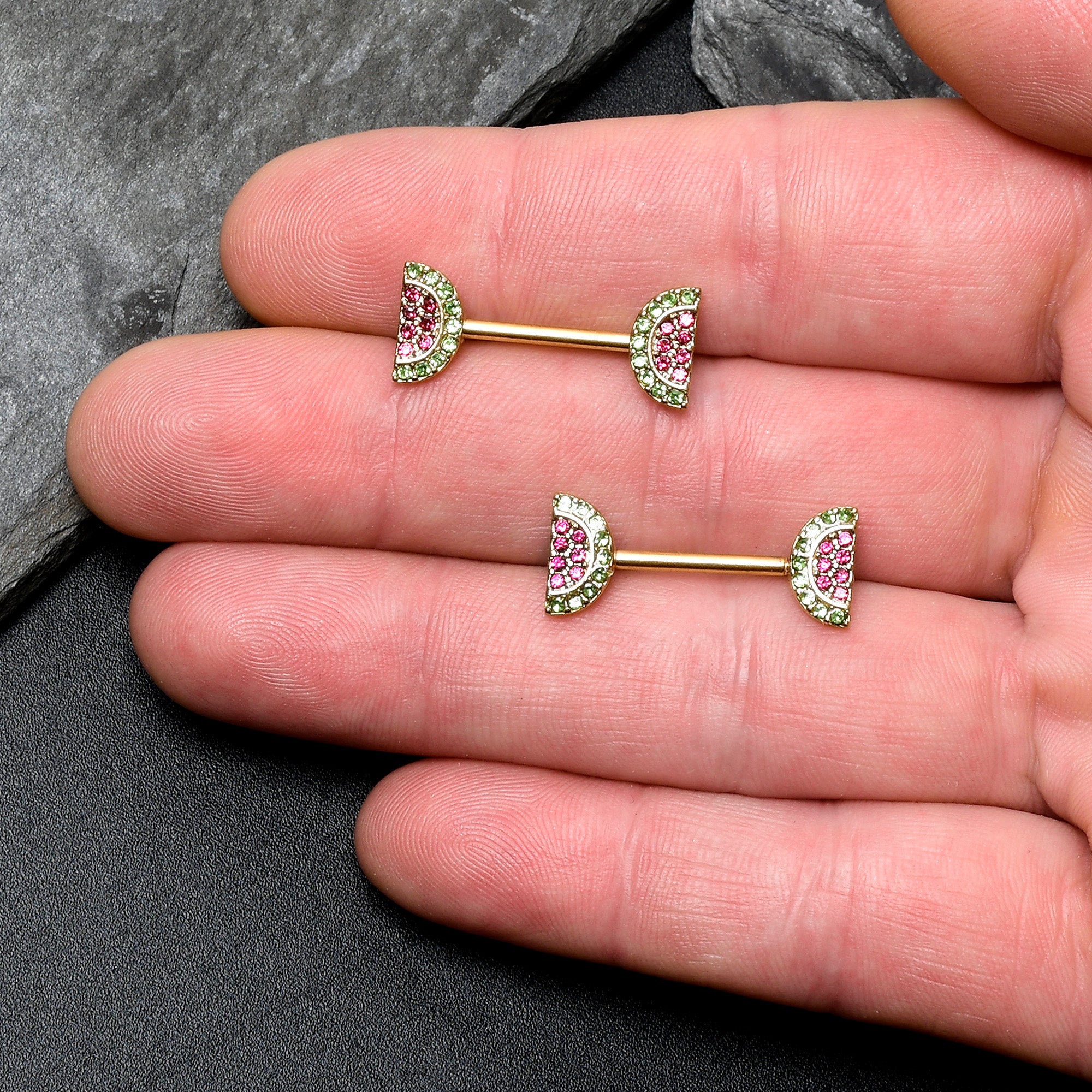 14 Gauge 9/16 Pink Gem Gold Hue Watermelon Yum Barbell Nipple Ring Set