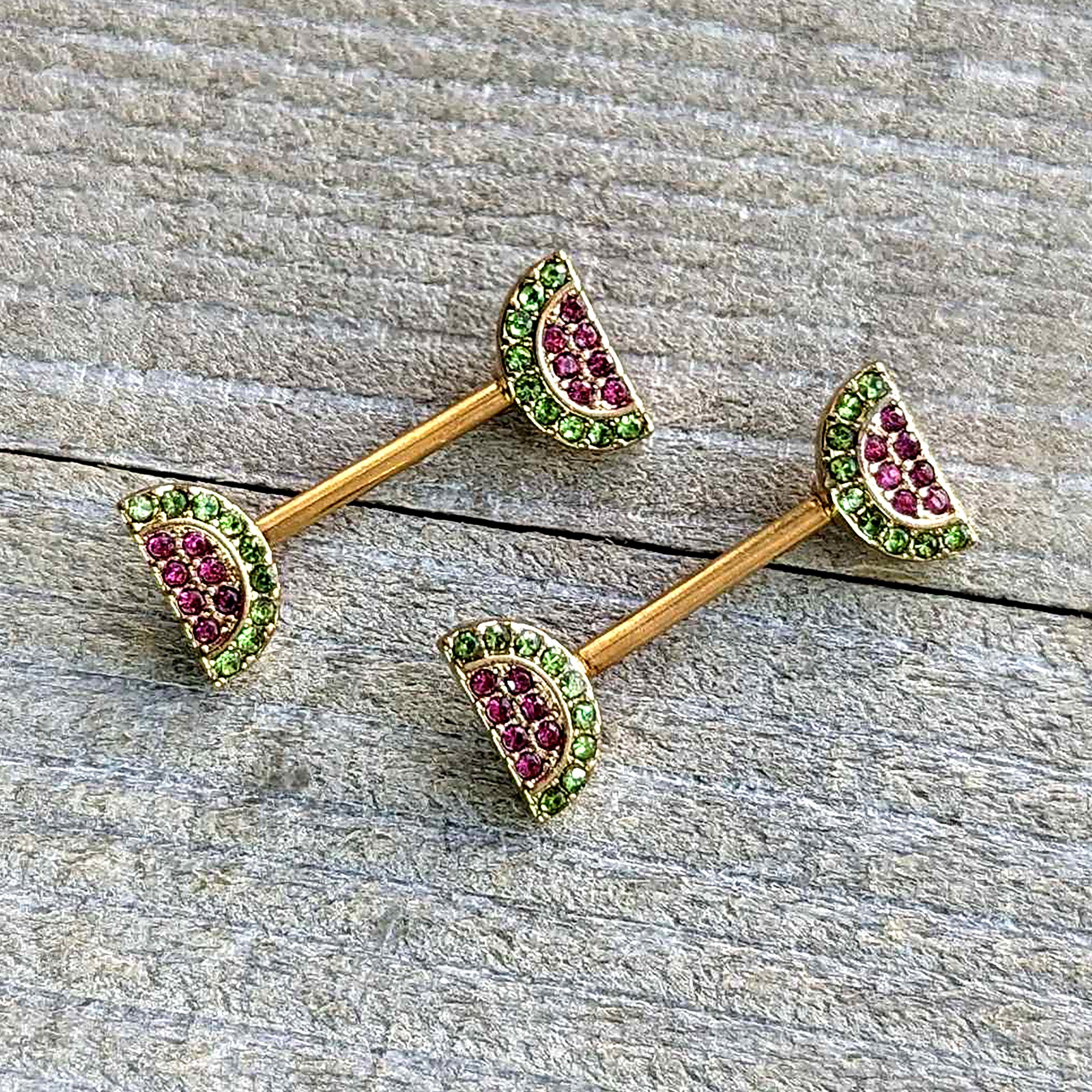 14 Gauge 9/16 Pink Gem Gold Hue Watermelon Yum Barbell Nipple Ring Set