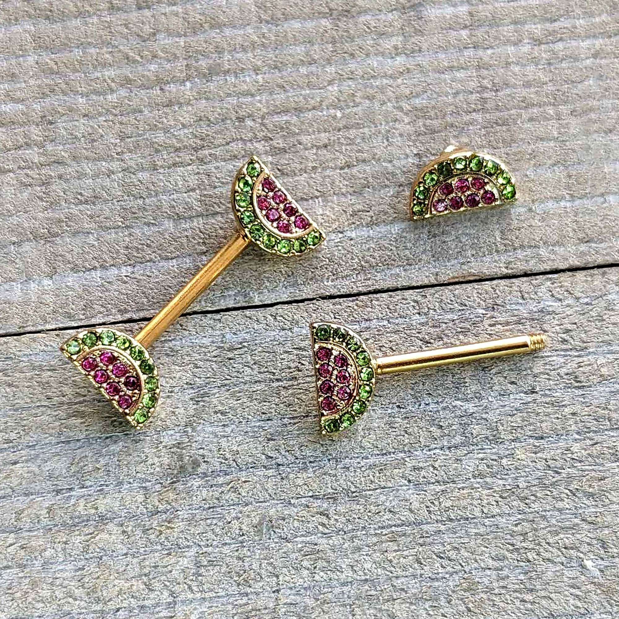 14 Gauge 9/16 Pink Gem Gold Hue Watermelon Yum Barbell Nipple Ring Set