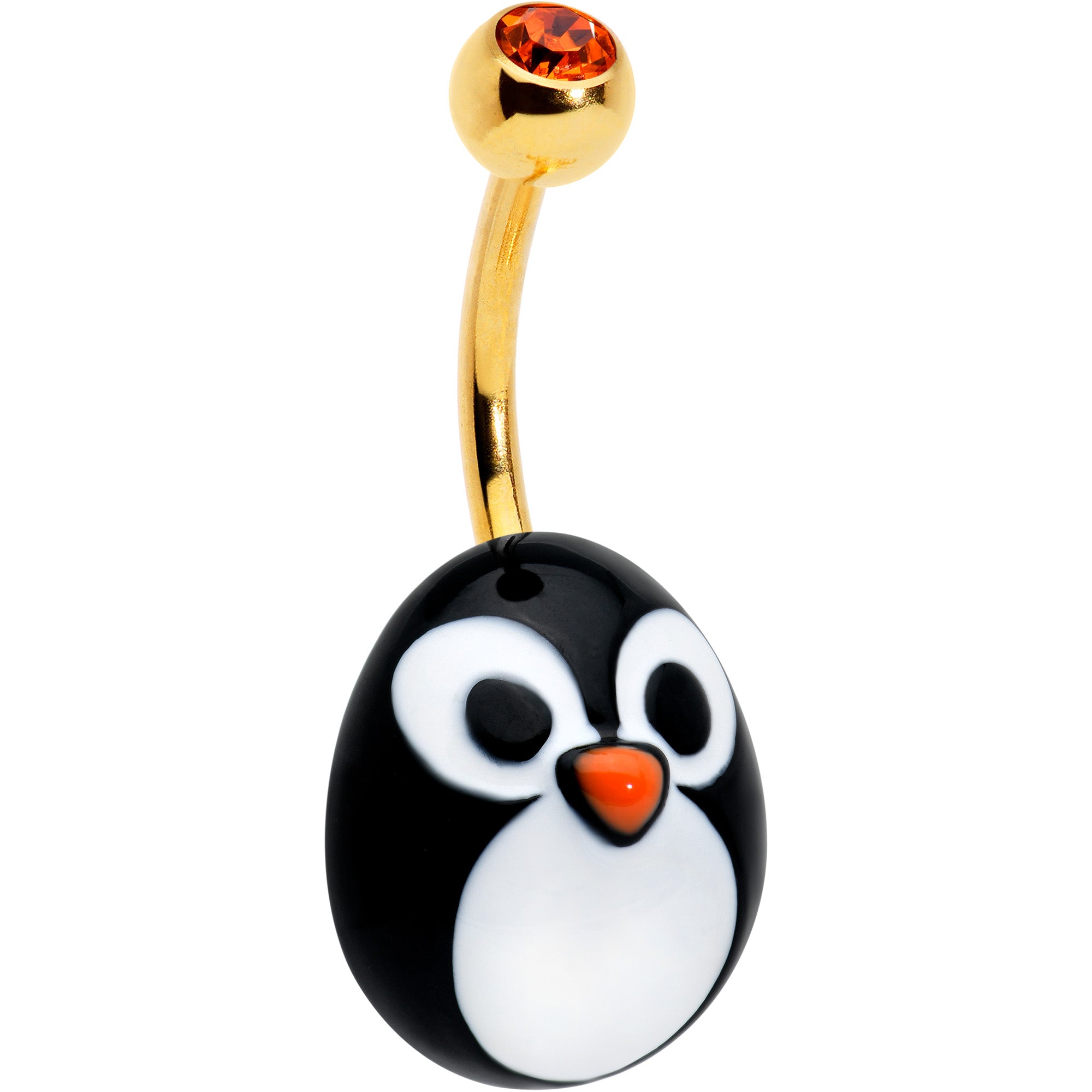 Red Gem Gold Tone Round Face Penguin Holiday Winter Belly Ring