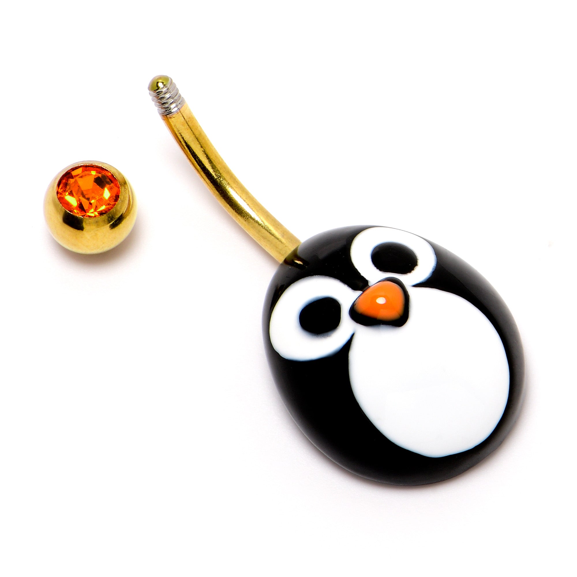 Red Gem Gold Tone Round Face Penguin Holiday Winter Belly Ring