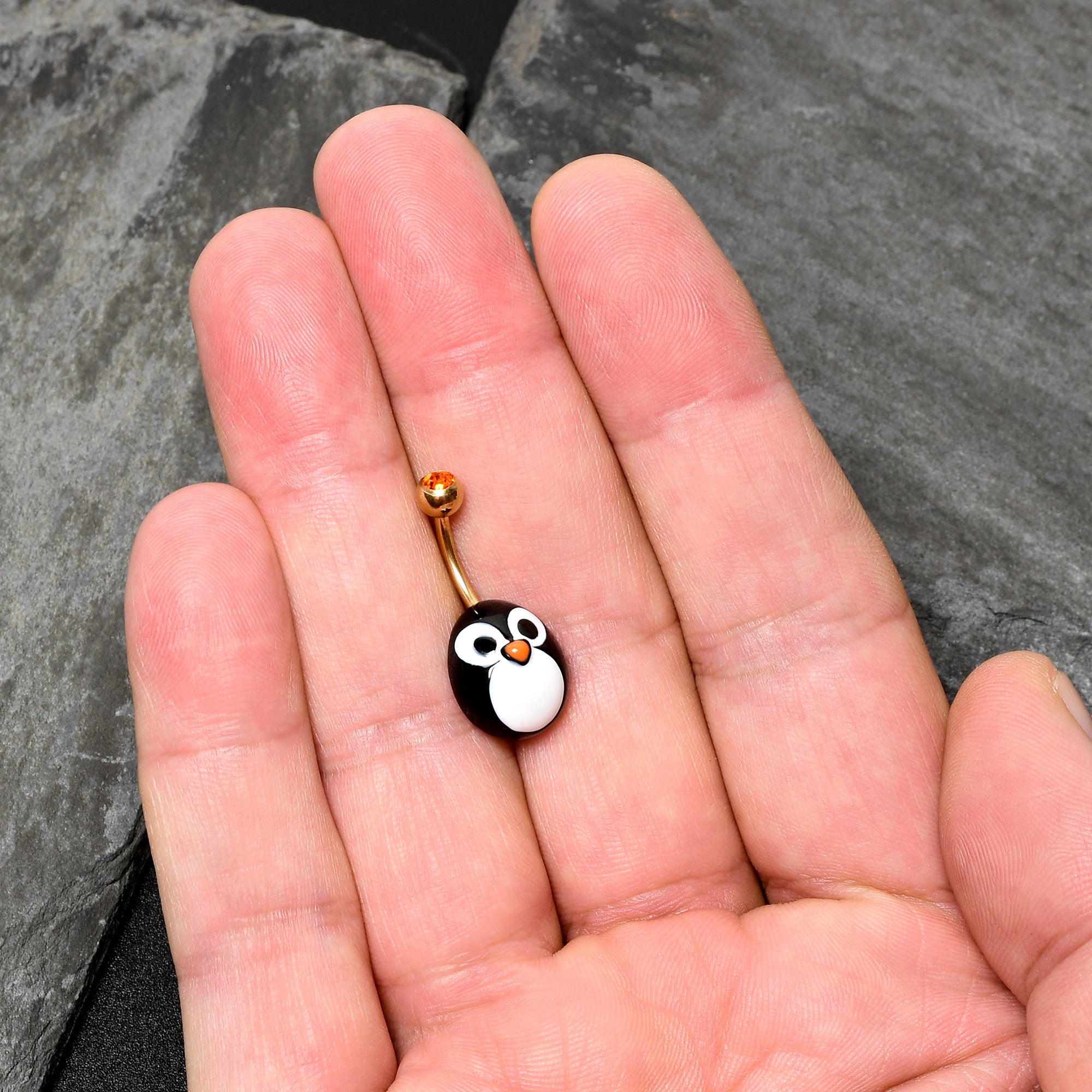 Red Gem Gold Tone Round Face Penguin Holiday Winter Belly Ring