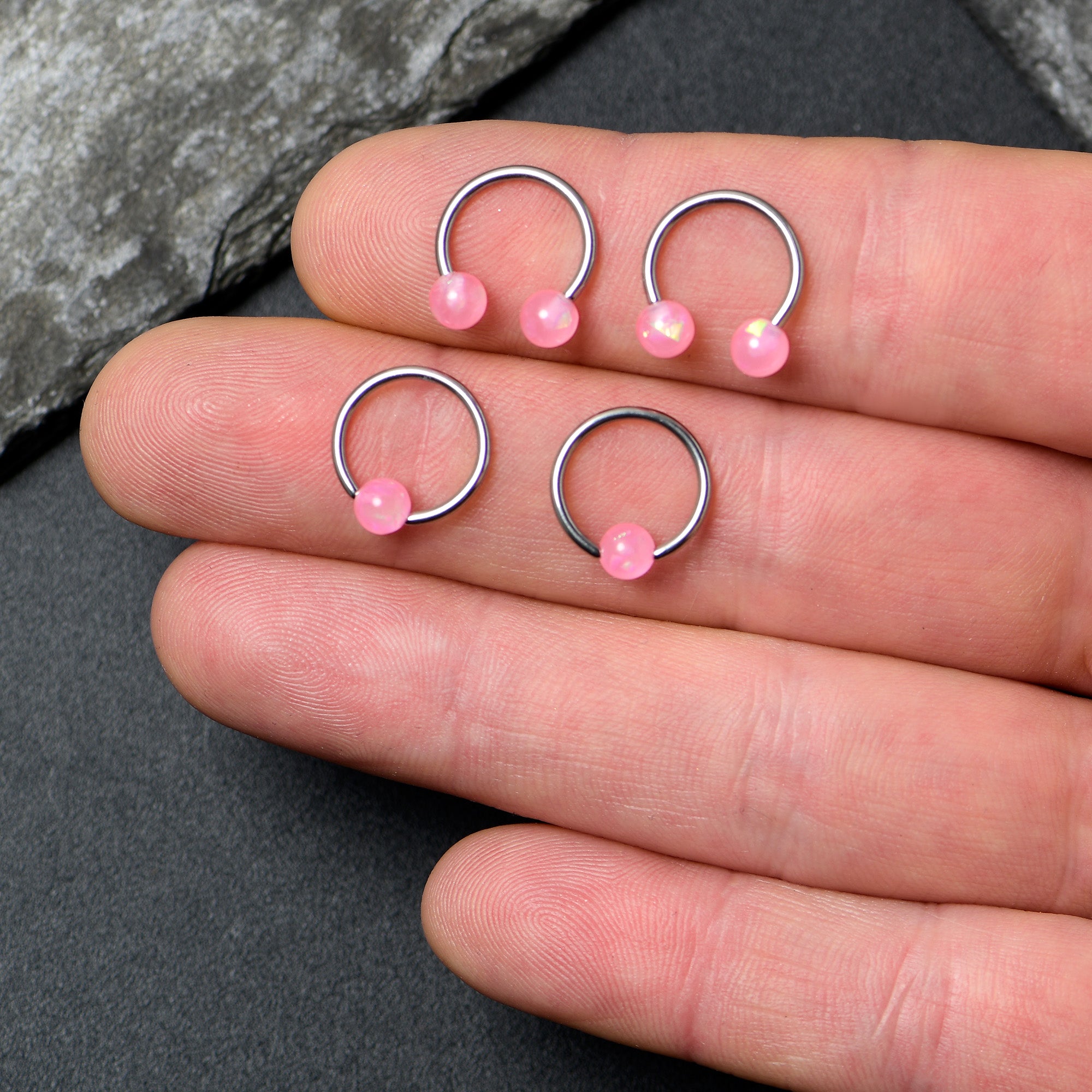 16 Gauge 3/8 Pink Faux Opal Horseshoe BCR Captive Ring Set of 4