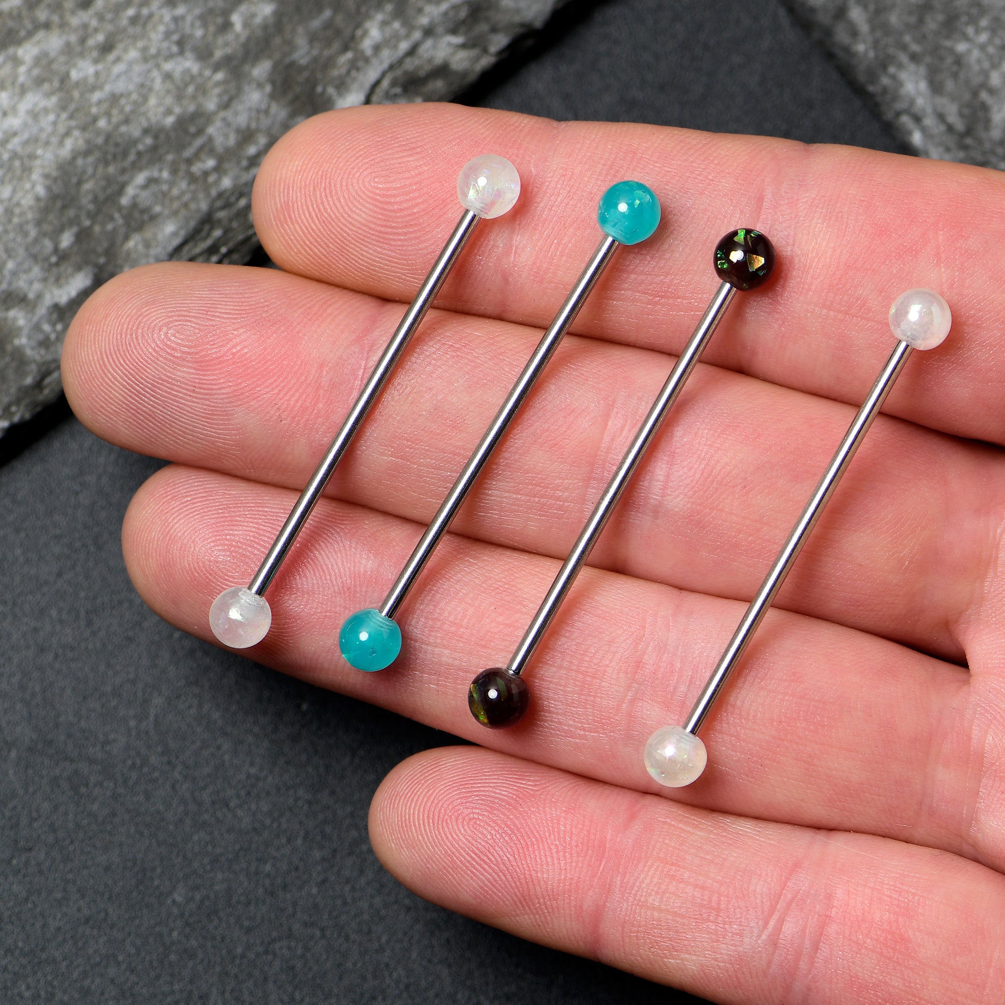 14 Gauge Green Aurora Black Faux Opal Pack Industrial Barbell Set of 4