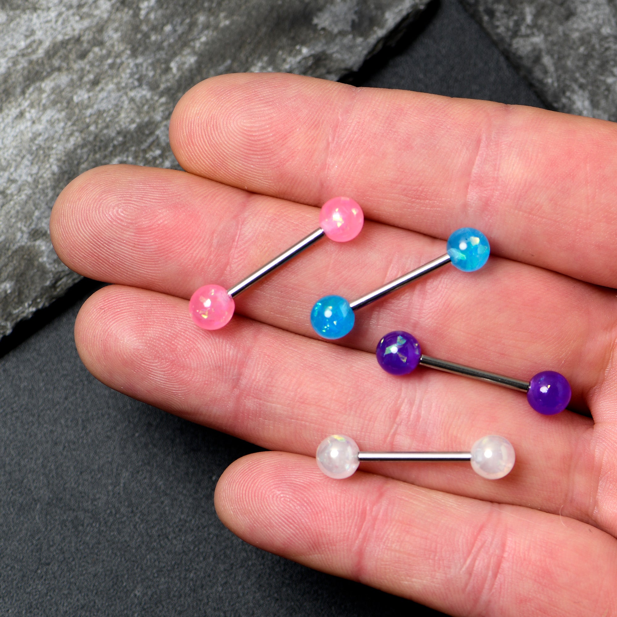 Pink Purple White Faux Opal Pack Tongue Ring Set of 4