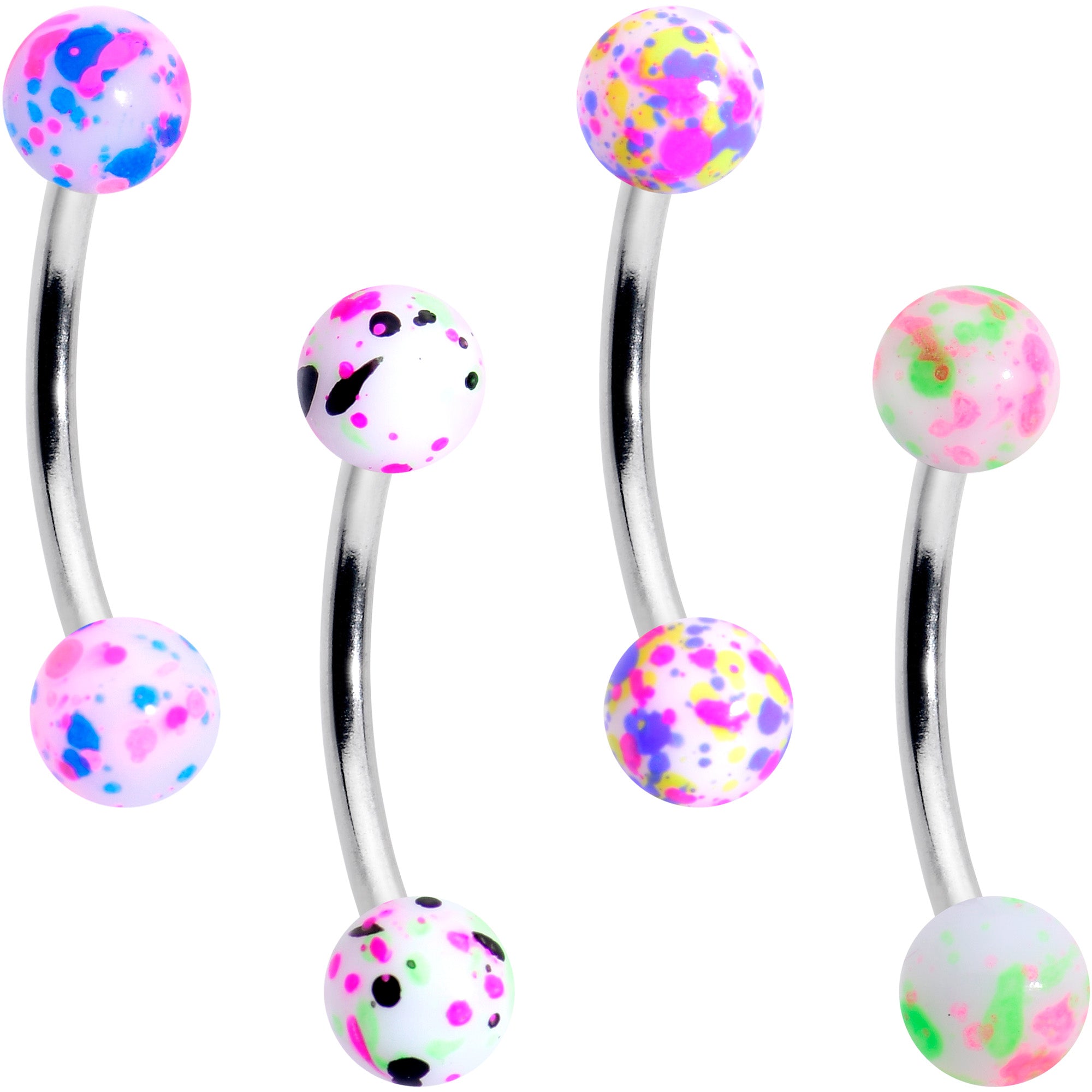 16 Gauge 3/8 Splatter Pink Green Blue Curved Eyebrow Ring Set of 4