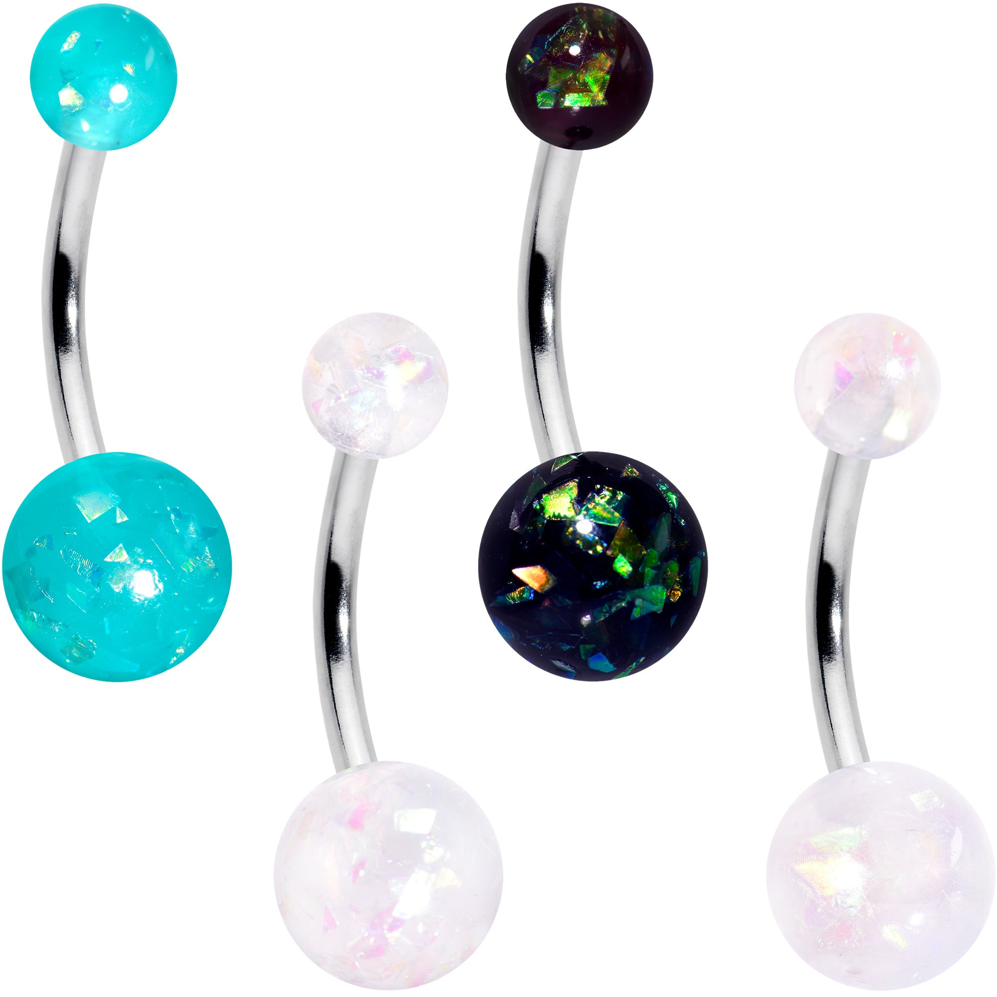 White Aurora Green Black Faux Opal Pack Belly Ring Set of 4