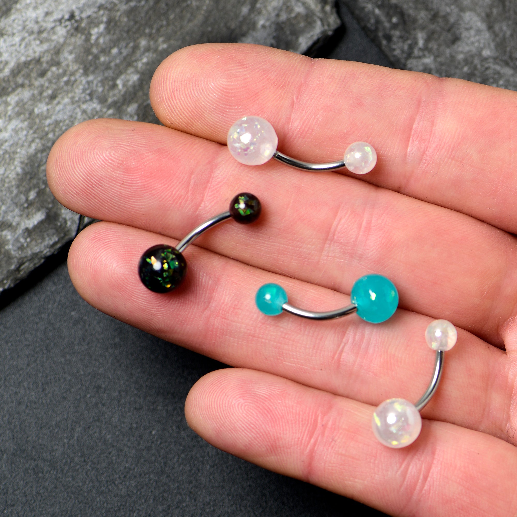 White Aurora Green Black Faux Opal Pack Belly Ring Set of 4