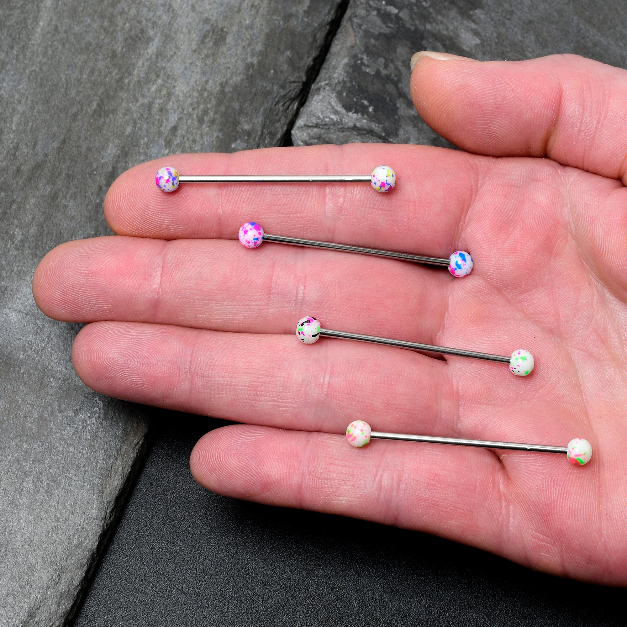 14 Gauge Splatter Pink White Purple Industrial Barbell 38mm Set of 4