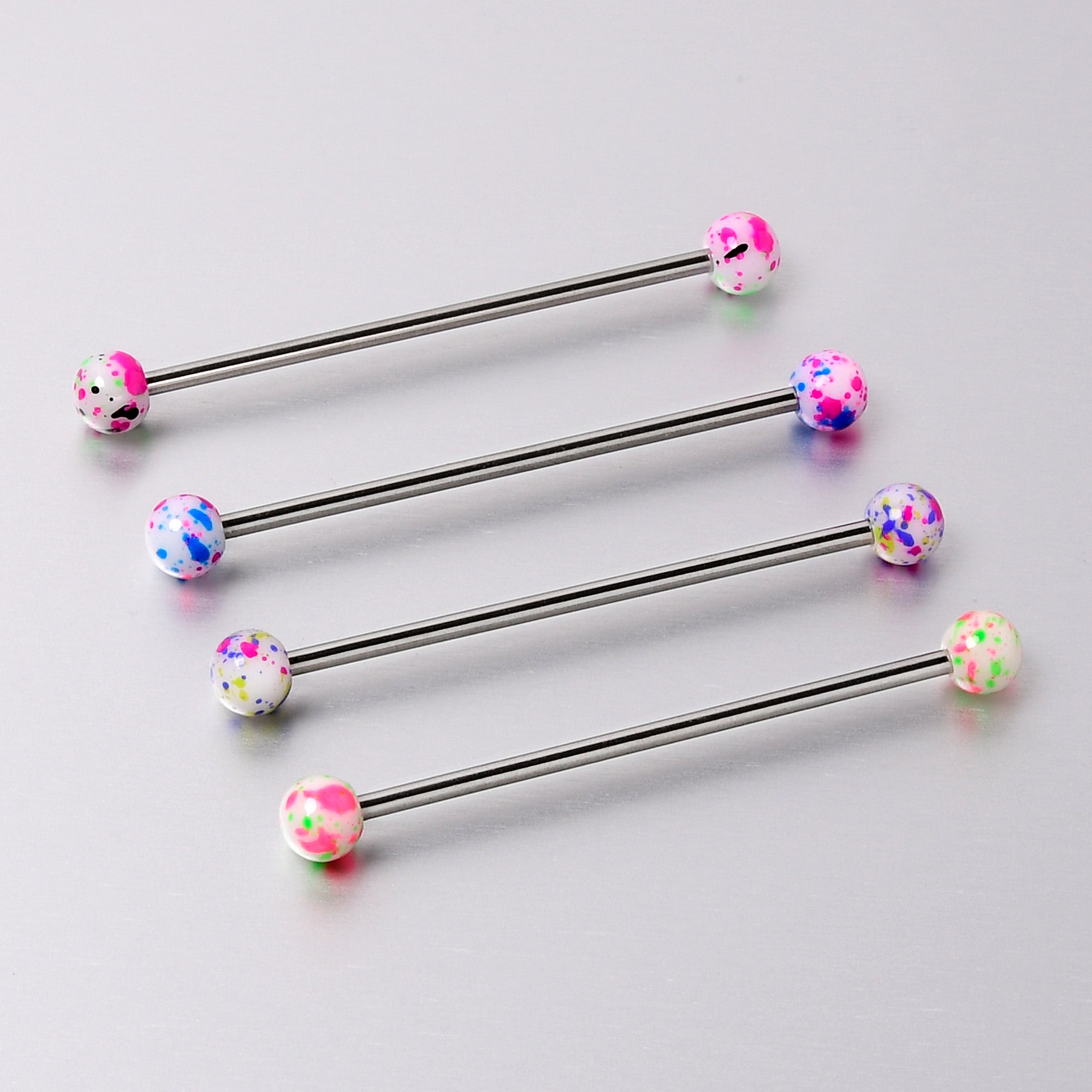 14 Gauge Splatter Pink White Purple Industrial Barbell 38mm Set of 4