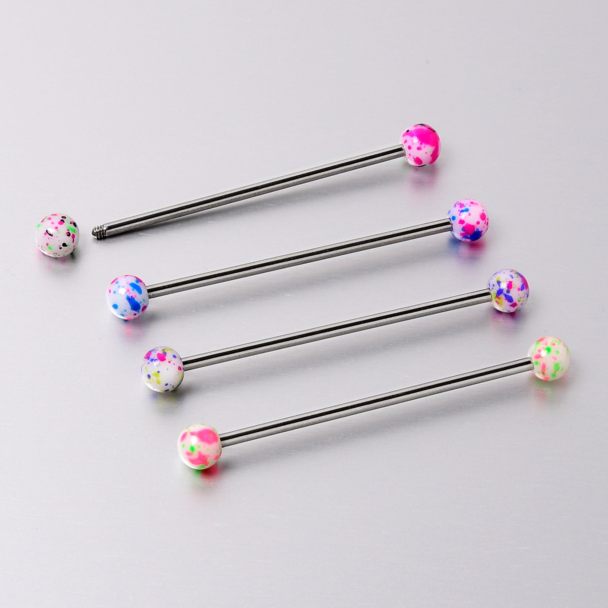 14 Gauge Splatter Pink White Purple Industrial Barbell 38mm Set of 4