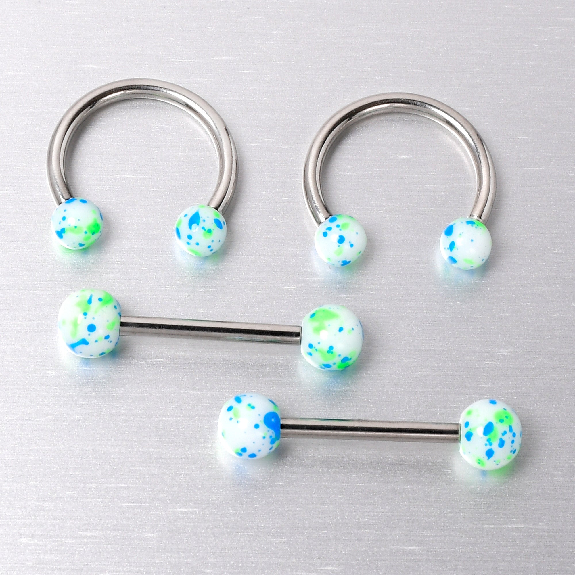 14 Gauge 9/16 1/2 Splatter Blue Green Barbell Horseshoe Nipple Ring Set of 4