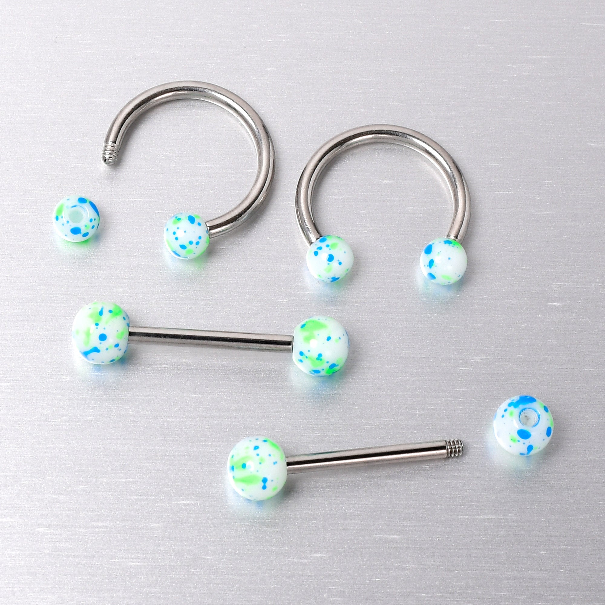 14 Gauge 9/16 1/2 Splatter Blue Green Barbell Horseshoe Nipple Ring Set of 4