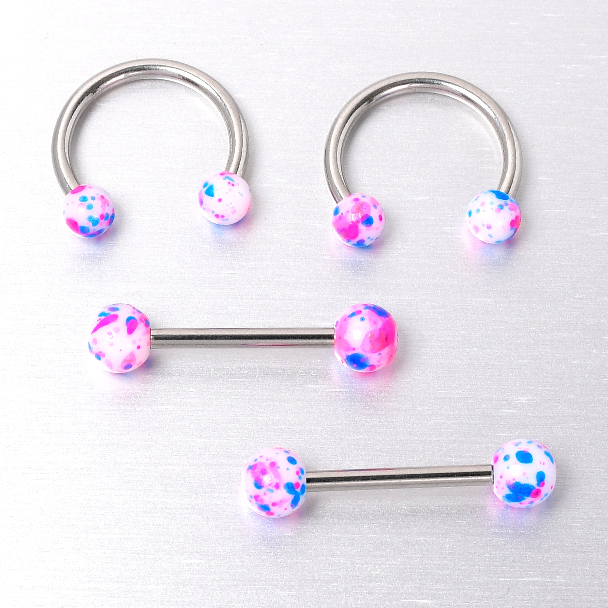 14 Gauge 9/16 1/2 Splatter Blue Pink Barbell Horseshoe Nipple Ring Set of 4