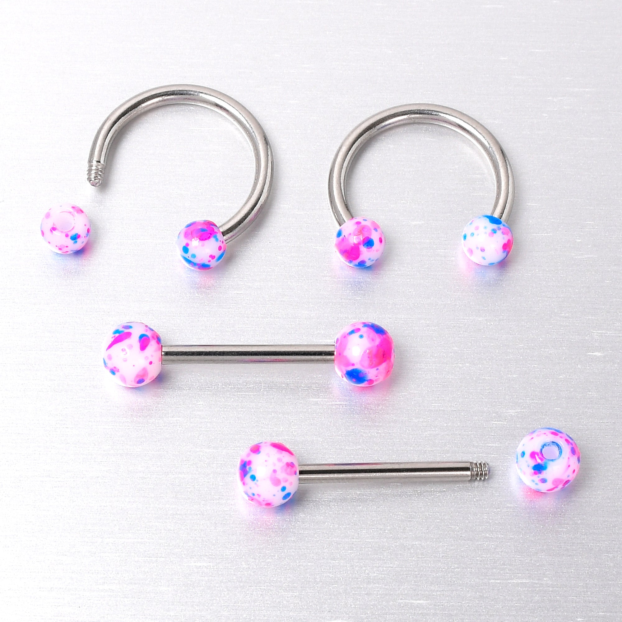 14 Gauge 9/16 1/2 Splatter Blue Pink Barbell Horseshoe Nipple Ring Set of 4