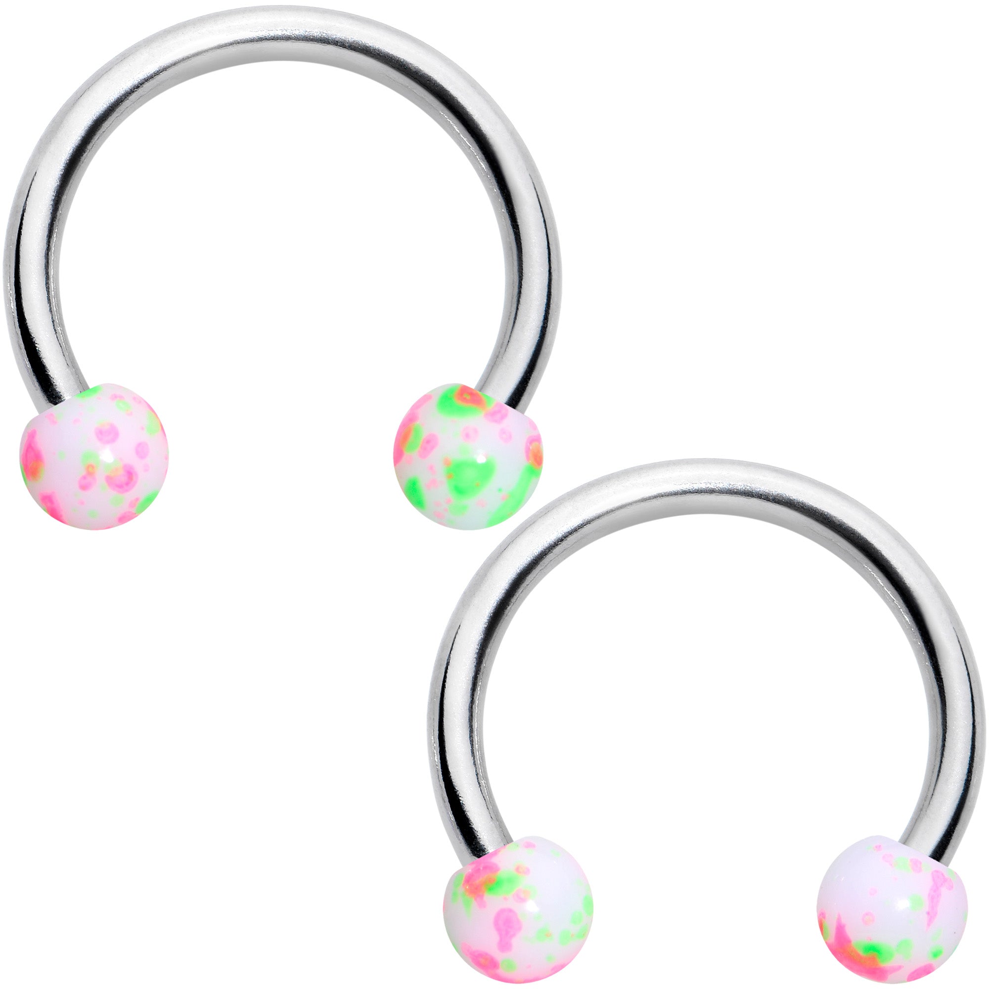 14 Gauge 9/16 1/2 Splatter Green Pink Barbell Horseshoe Nipple Ring Set of 4