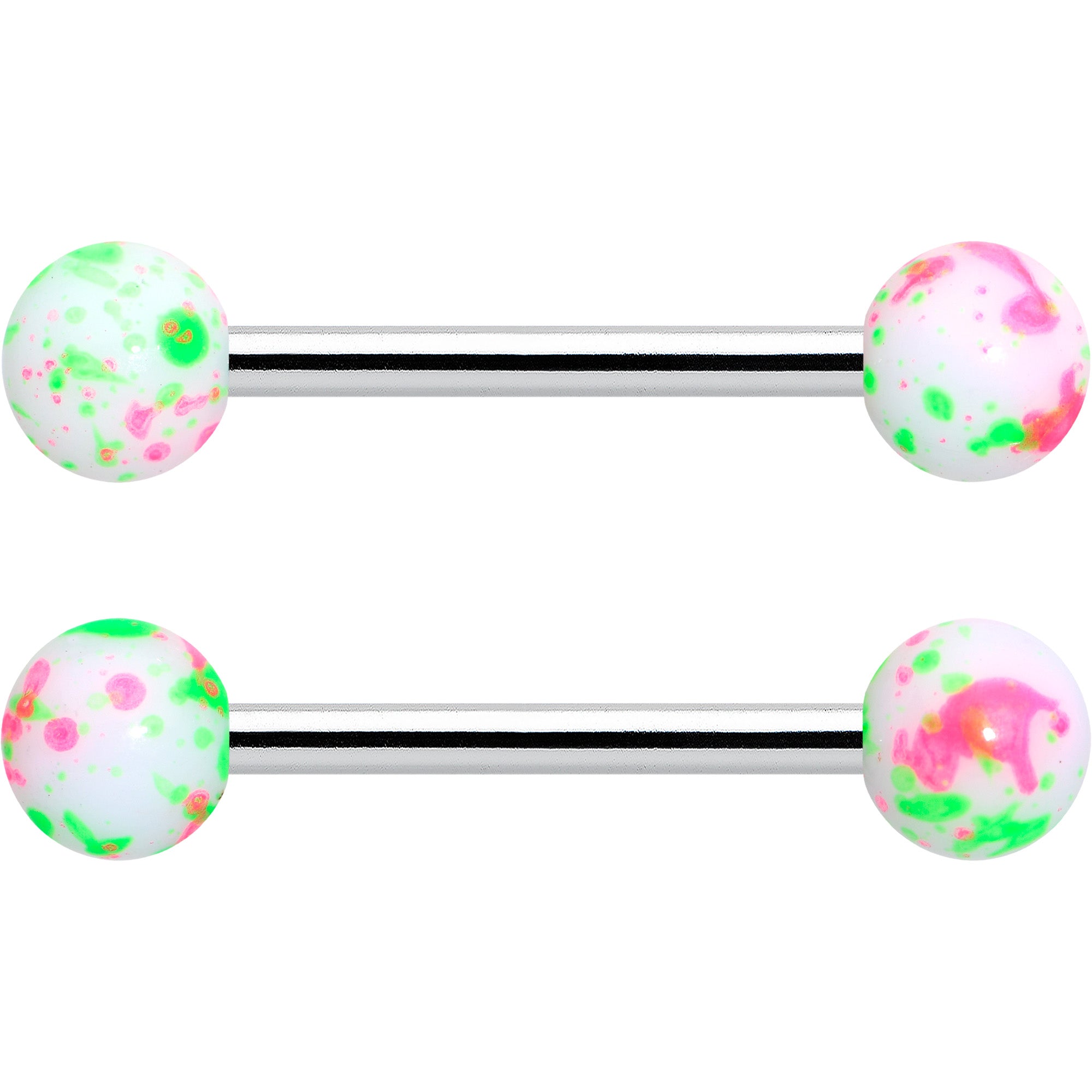 14 Gauge 9/16 1/2 Splatter Green Pink Barbell Horseshoe Nipple Ring Set of 4