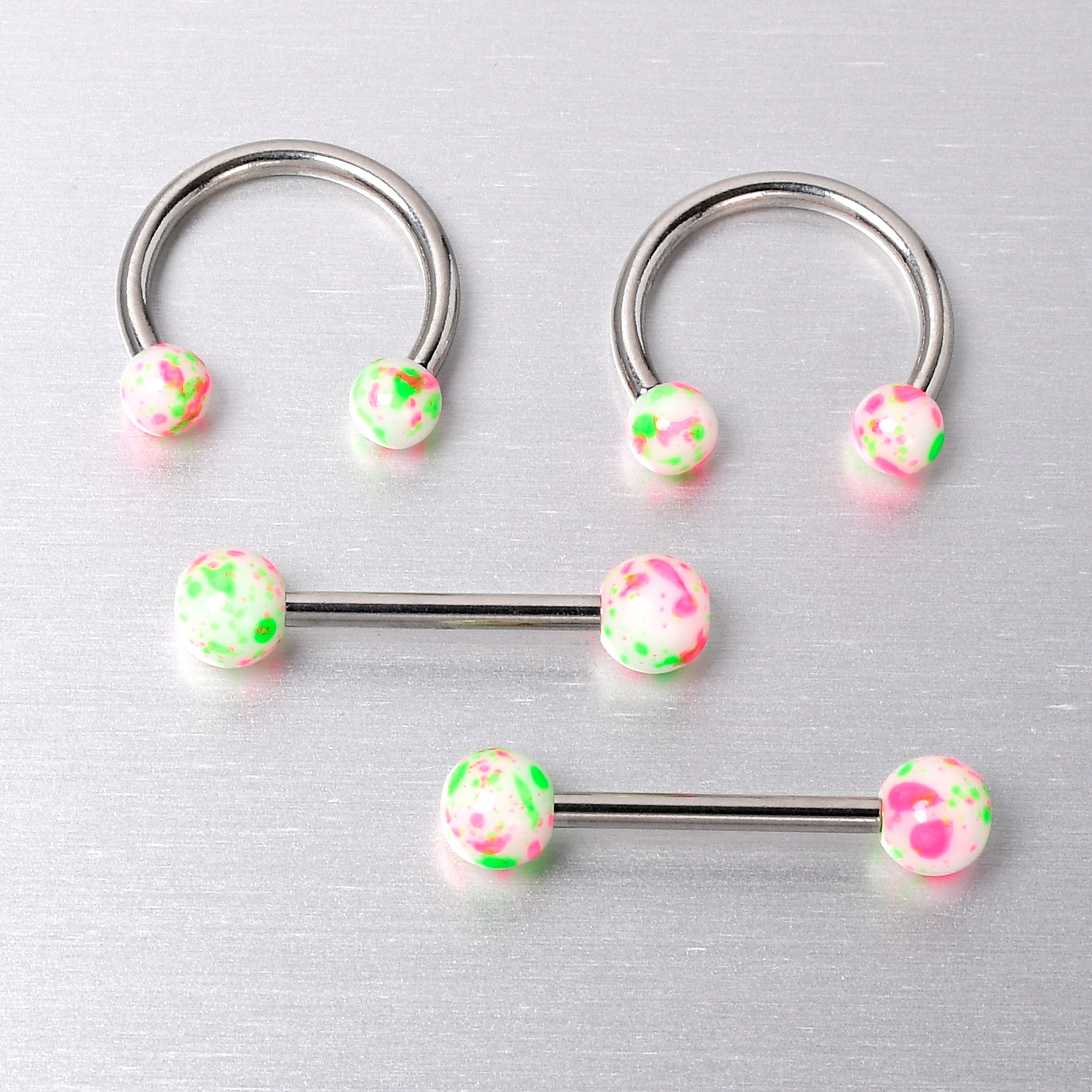 14 Gauge 9/16 1/2 Splatter Green Pink Barbell Horseshoe Nipple Ring Set of 4