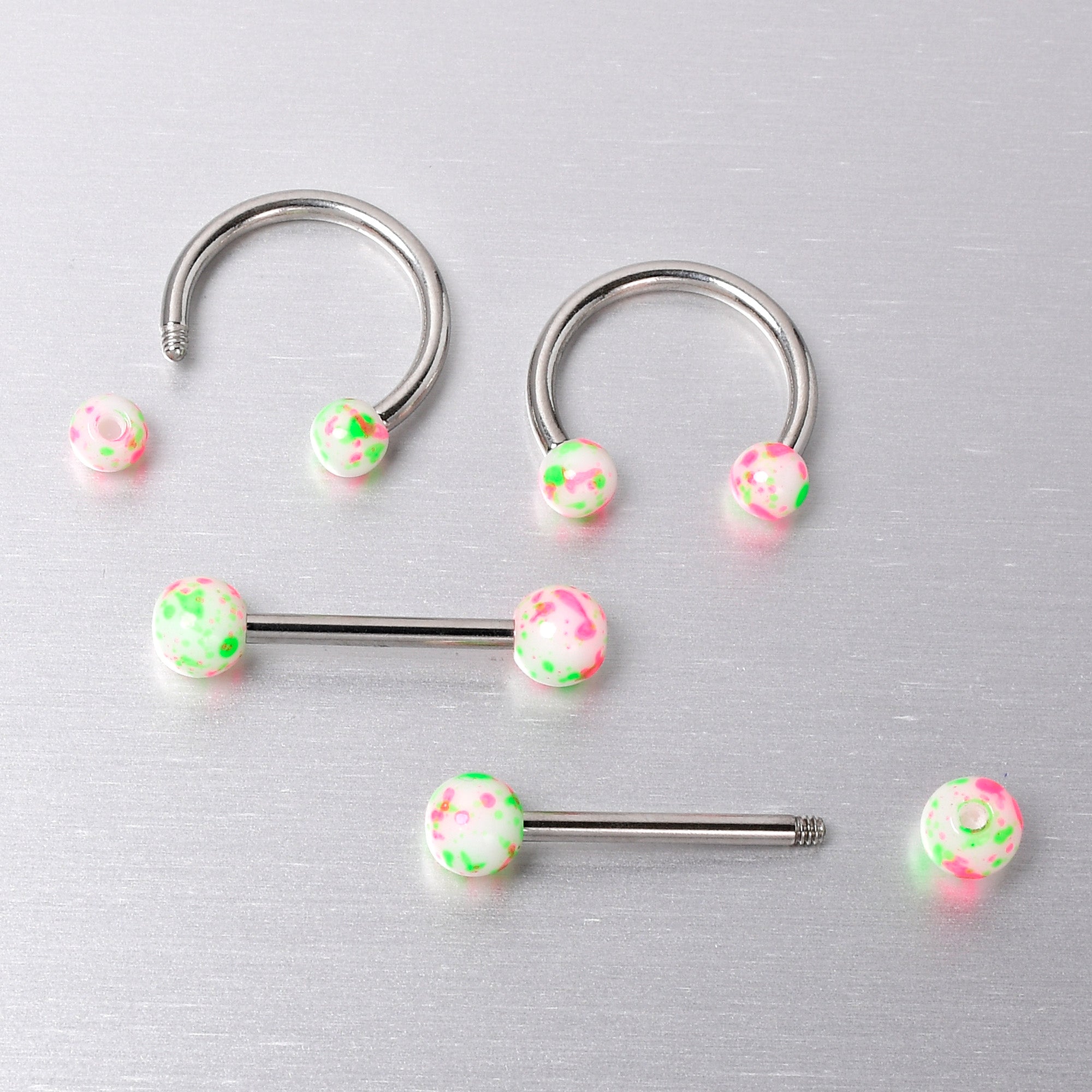 14 Gauge 9/16 1/2 Splatter Green Pink Barbell Horseshoe Nipple Ring Set of 4