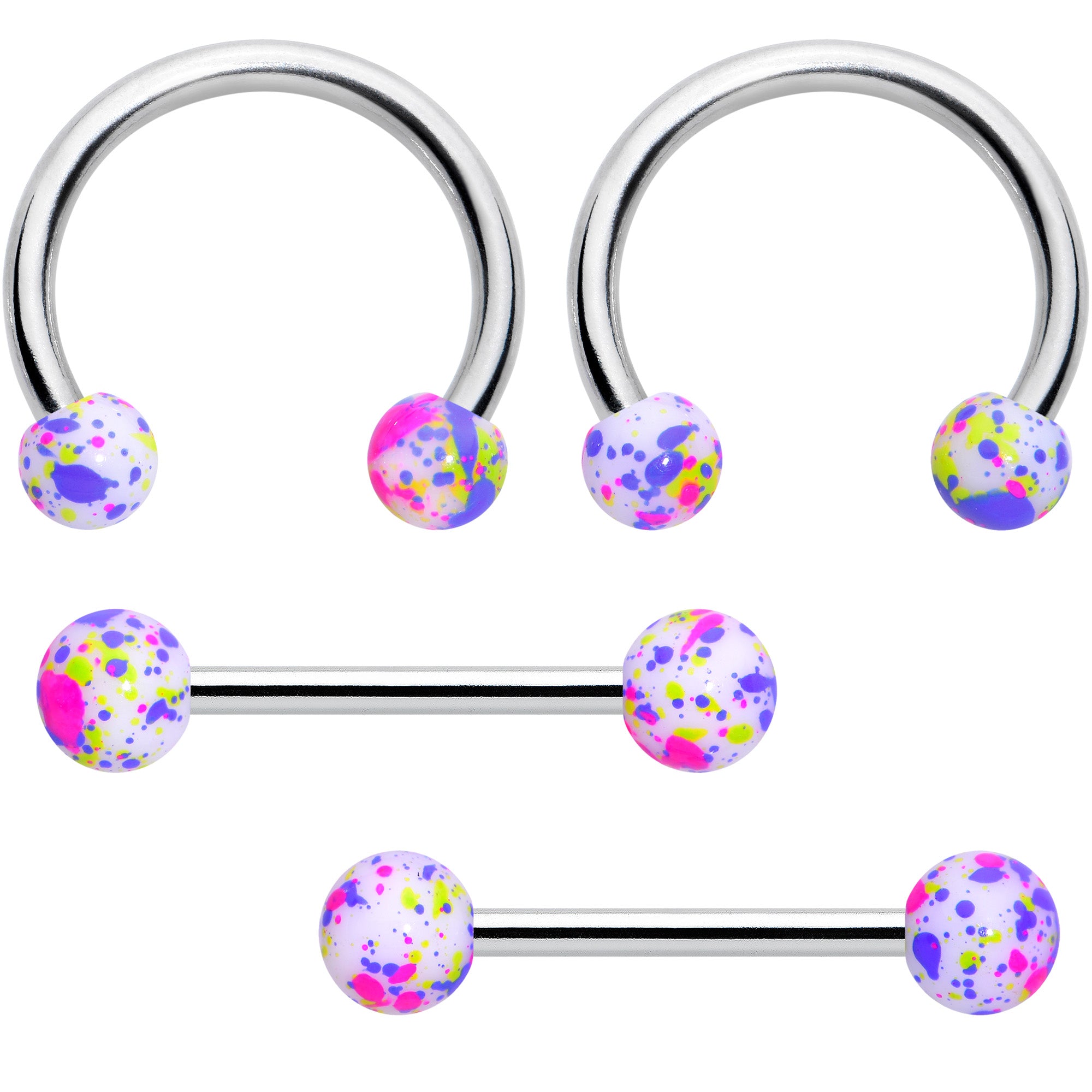 14 Gauge 9/16 1/2 Splatter Green Purple Barbell Horseshoe Nipple Ring Set of 4