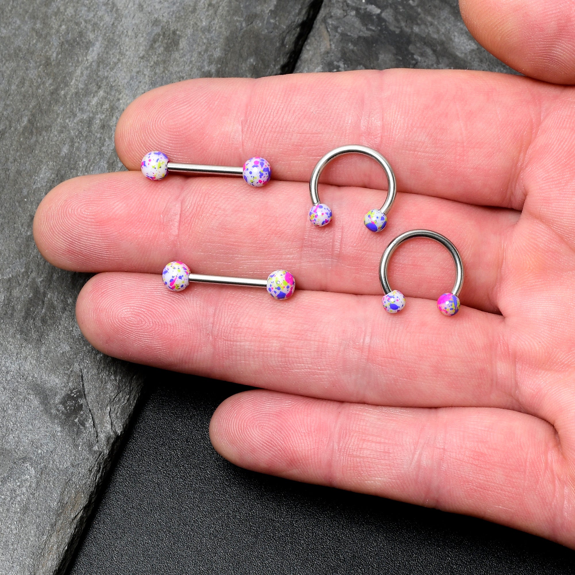 14 Gauge 9/16 1/2 Splatter Green Purple Barbell Horseshoe Nipple Ring Set of 4