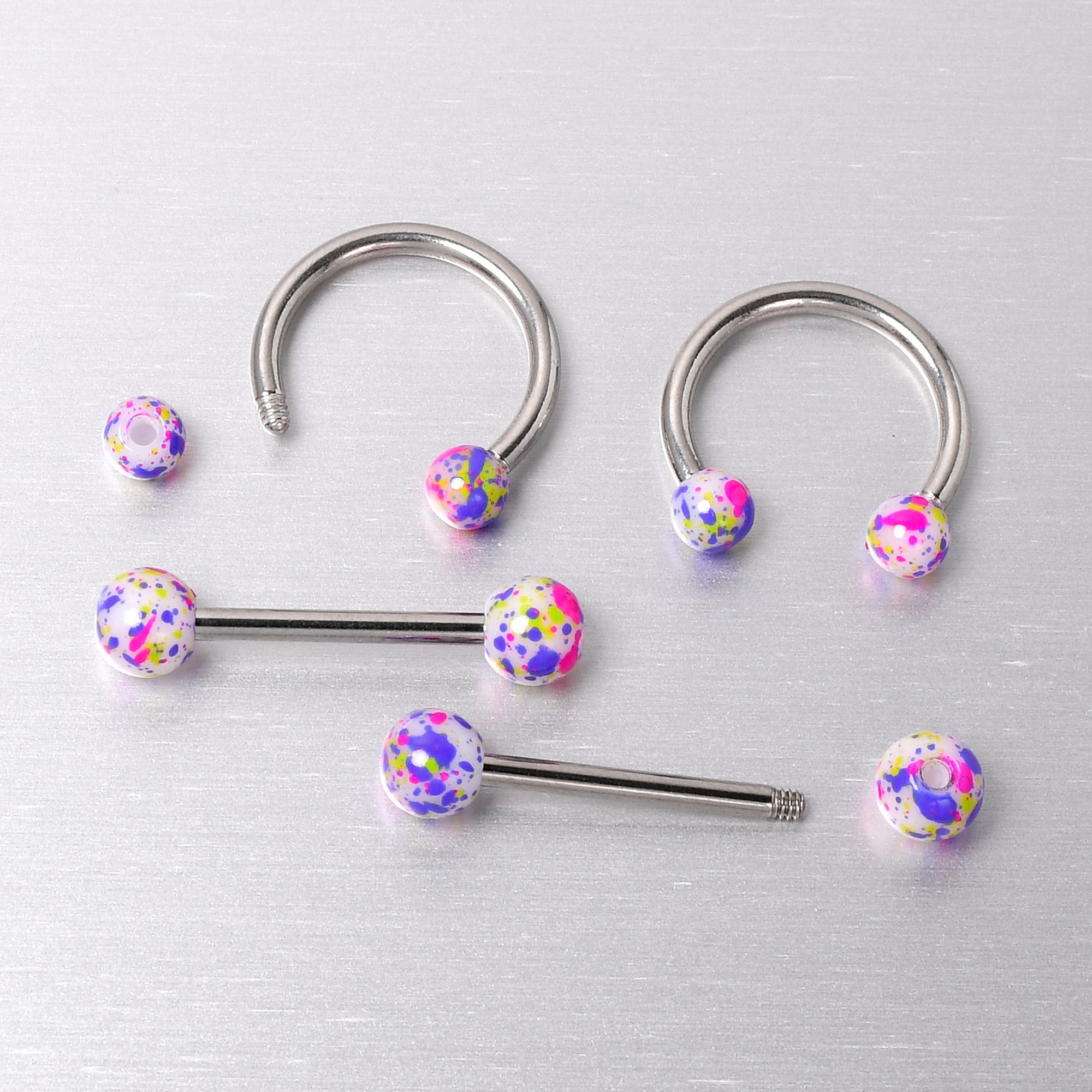 14 Gauge 9/16 1/2 Splatter Green Purple Barbell Horseshoe Nipple Ring Set of 4