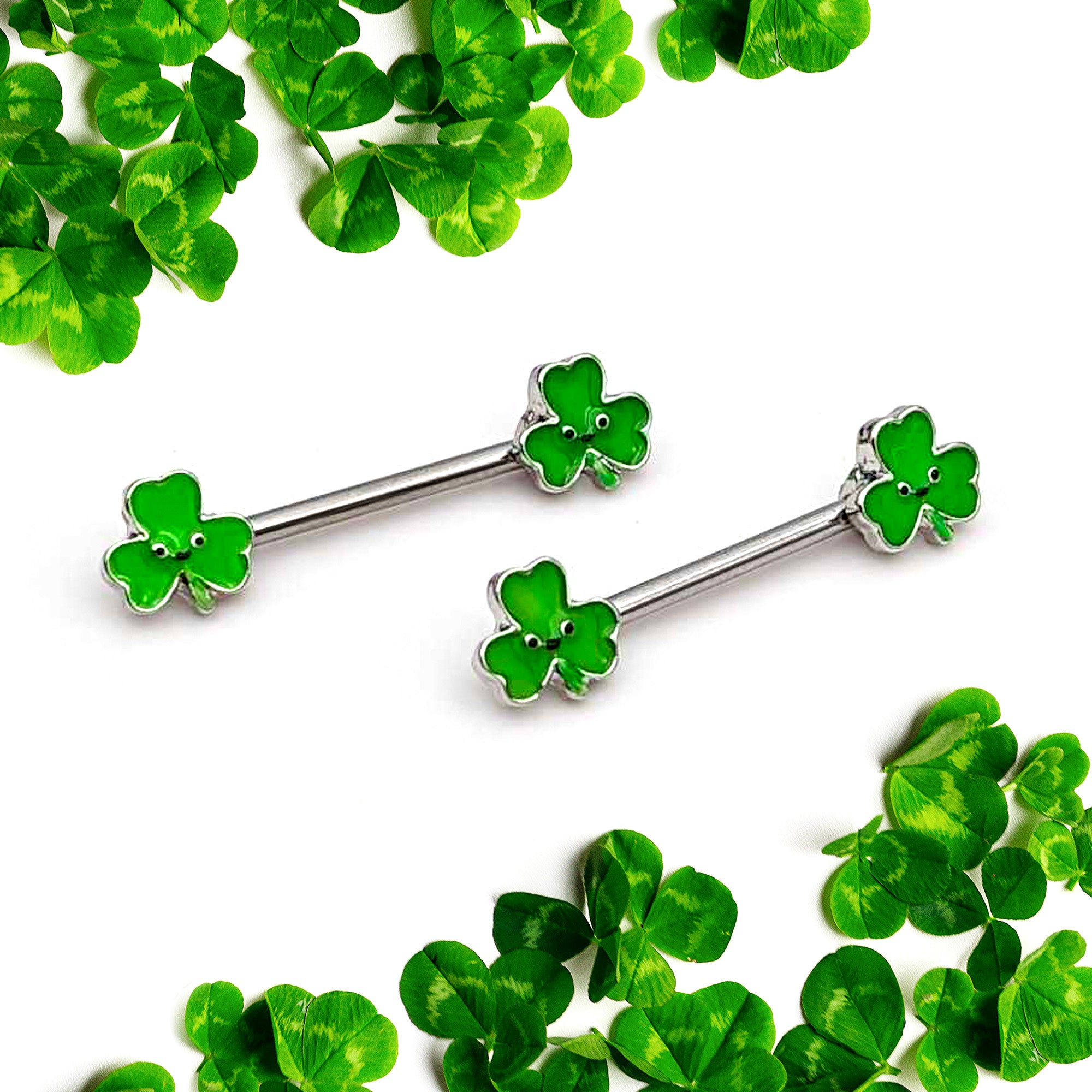 14 Gauge 9/16 Kawaii Smile Shamrock St Patricks Barbell Nipple Ring Set