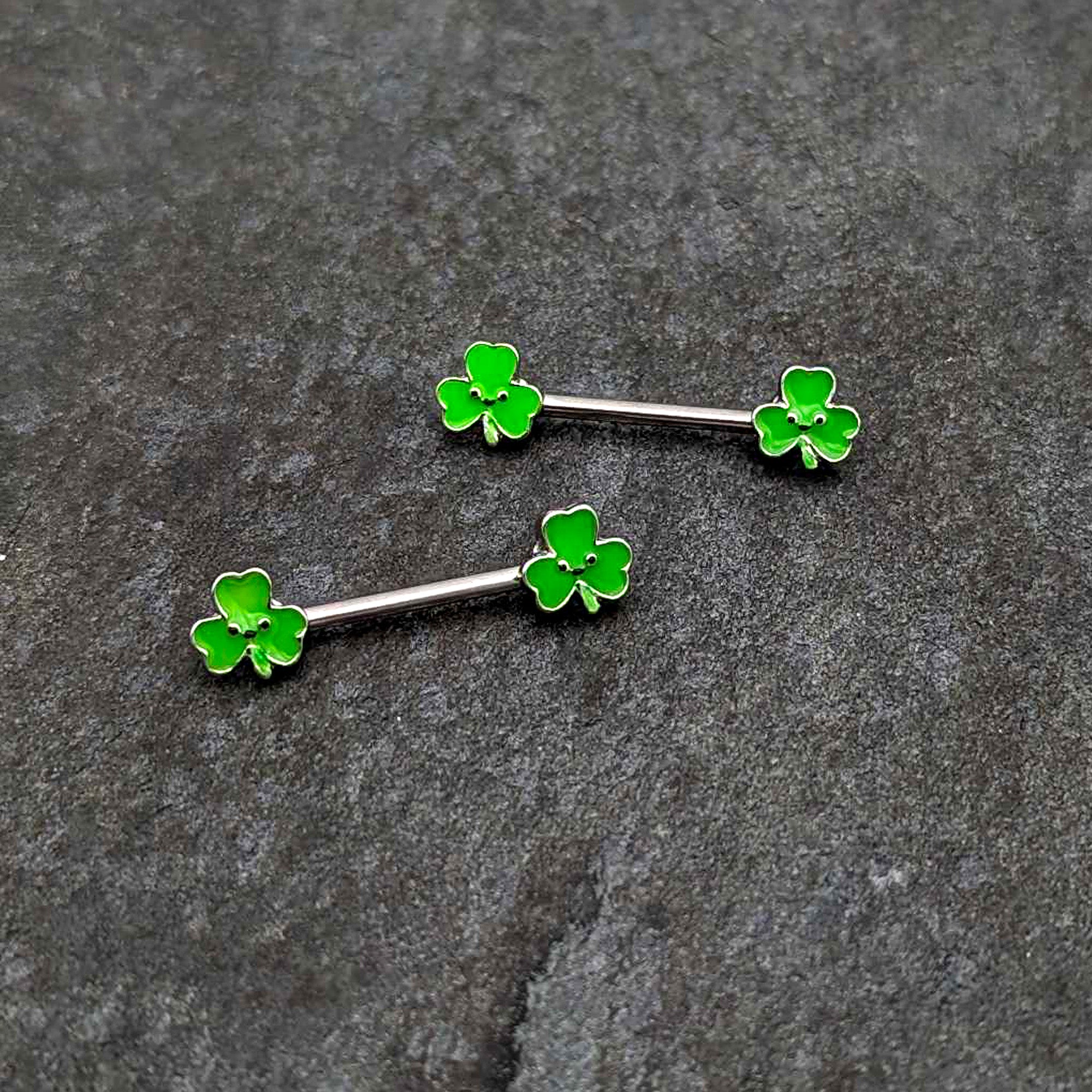 14 Gauge 9/16 Kawaii Smile Shamrock St Patricks Barbell Nipple Ring Set