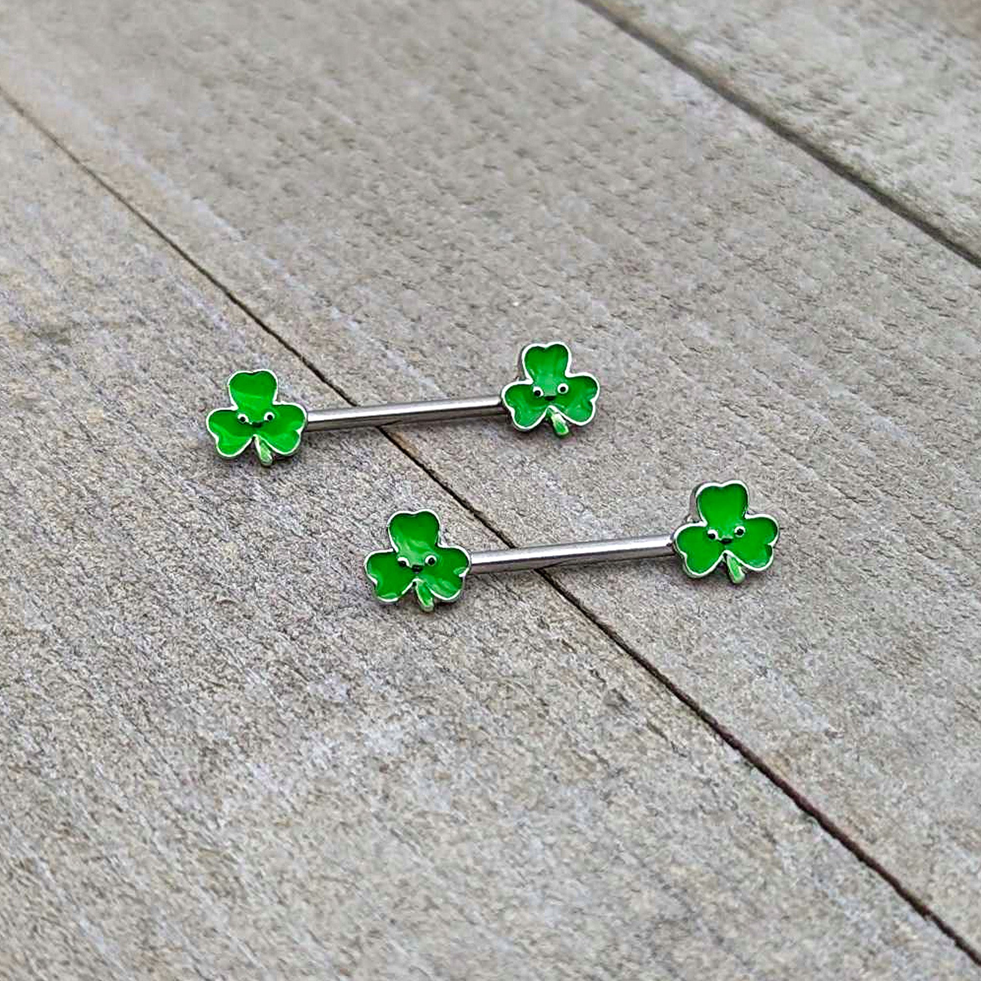 14 Gauge 9/16 Kawaii Smile Shamrock St Patricks Barbell Nipple Ring Set