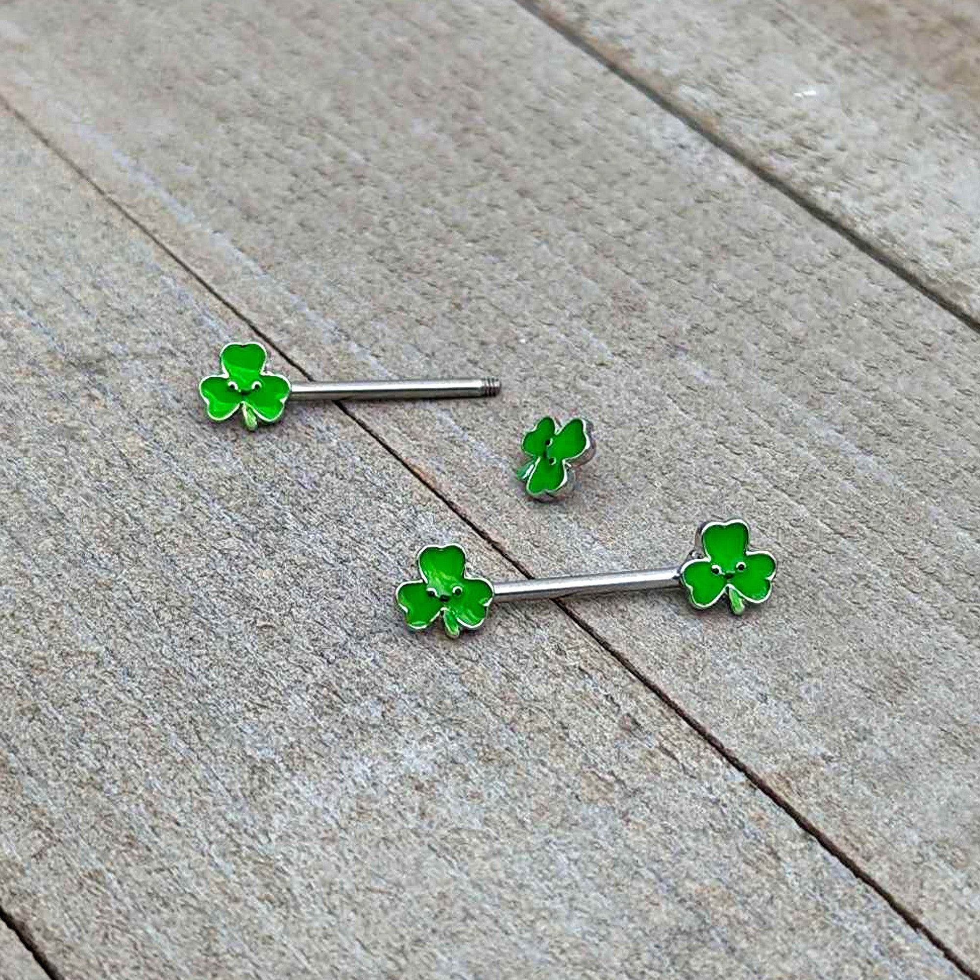 14 Gauge 9/16 Kawaii Smile Shamrock St Patricks Barbell Nipple Ring Set