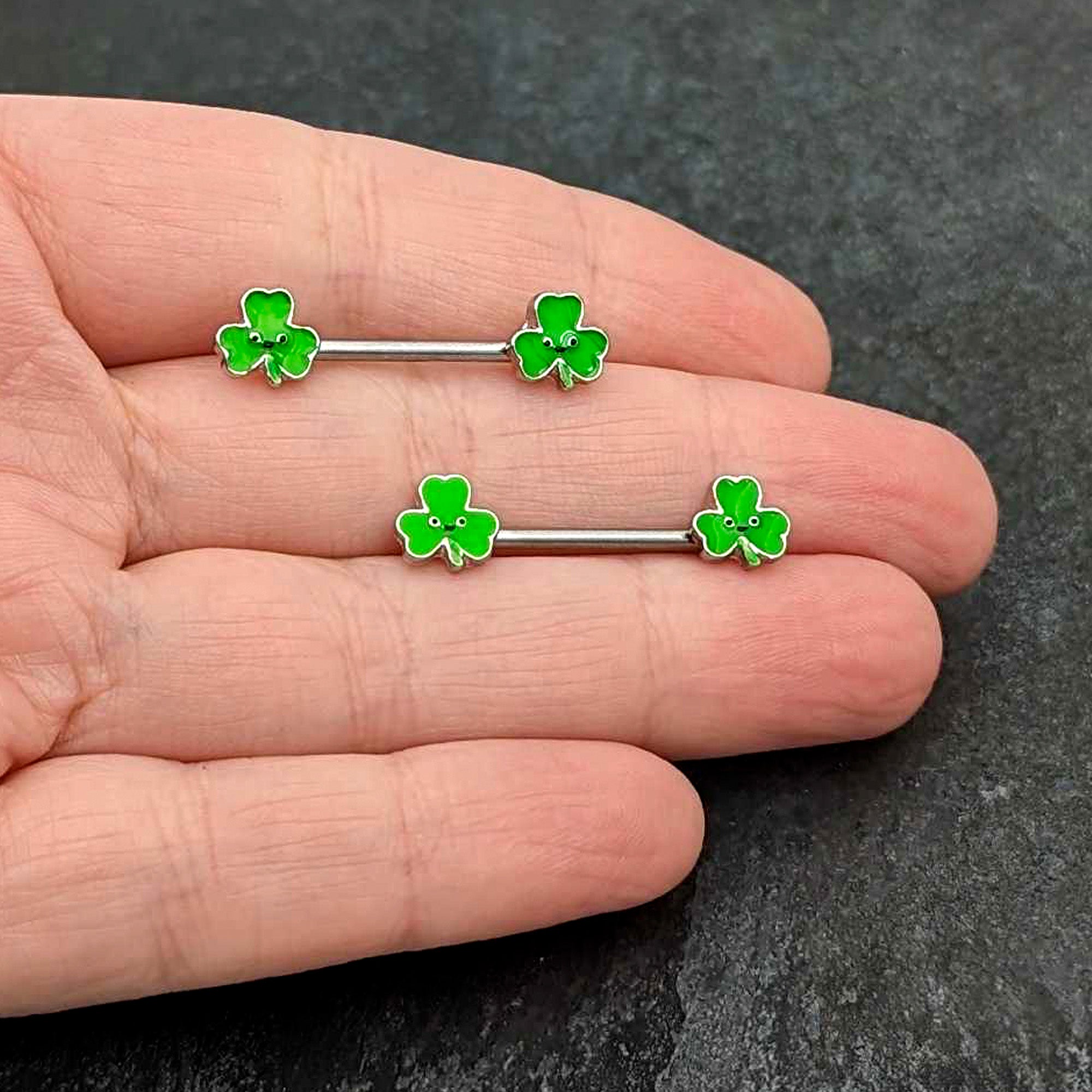 14 Gauge 9/16 Kawaii Smile Shamrock St Patricks Barbell Nipple Ring Set