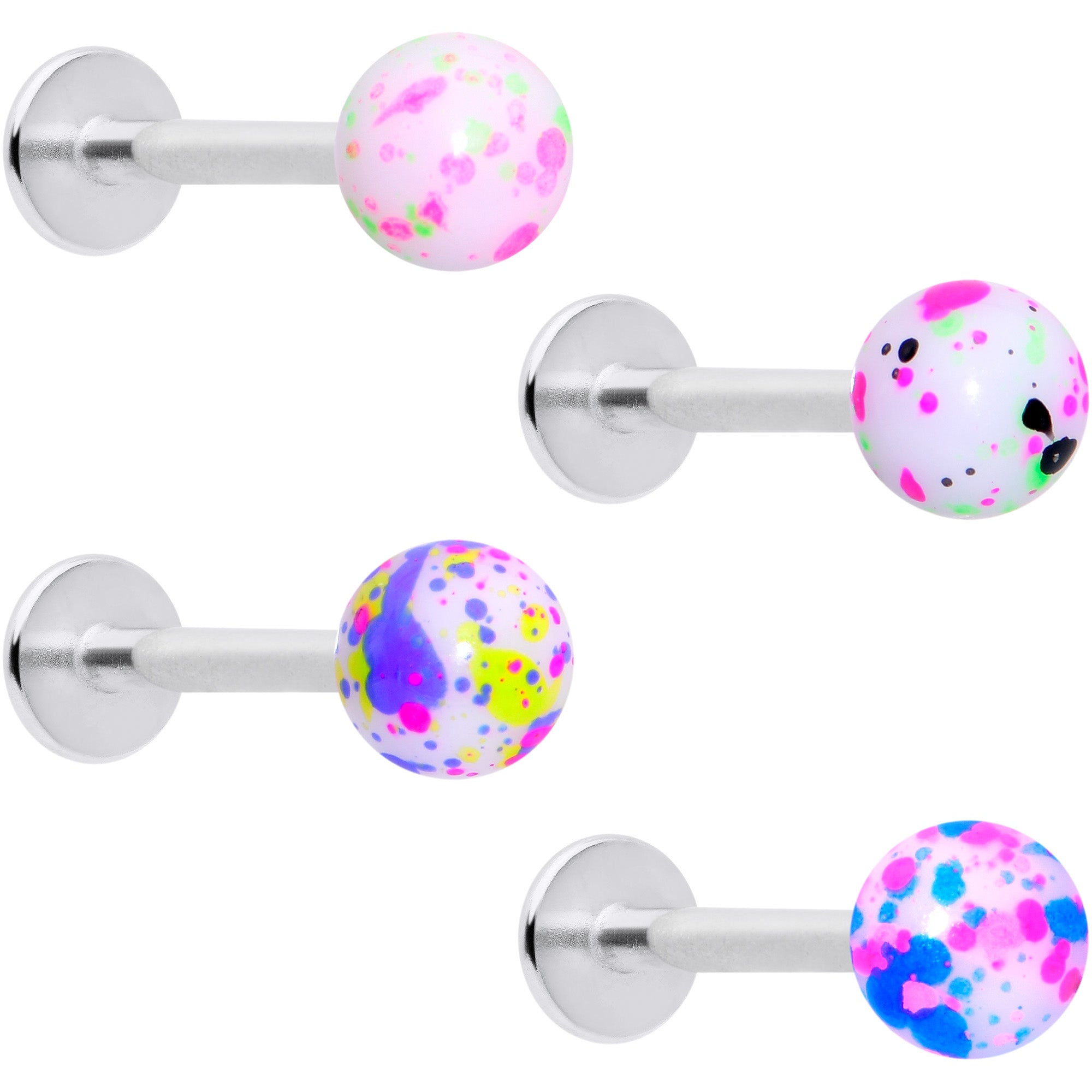 16 Gauge 3/8 Splatter Pink Blue Labret Monroe Tragus Set of 4