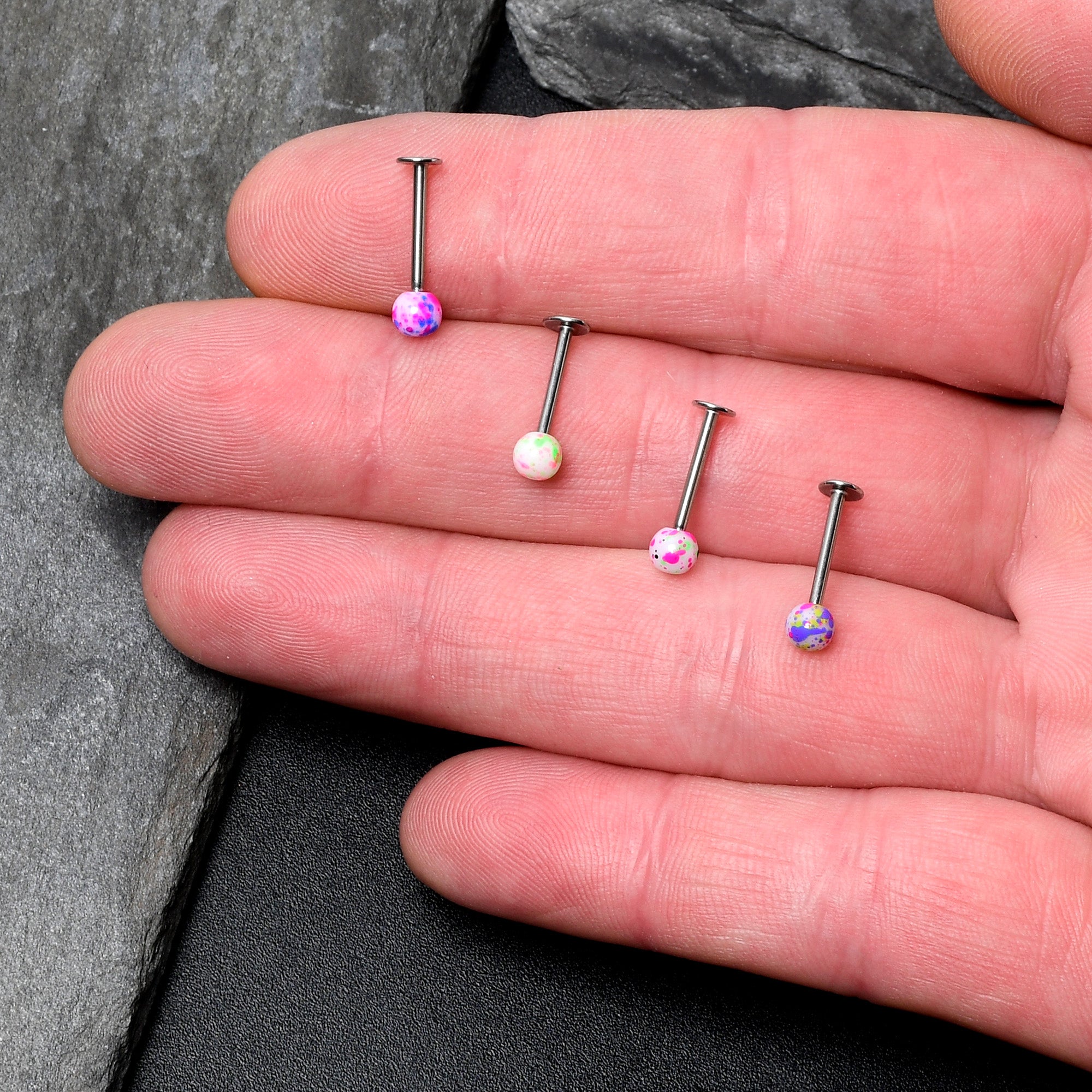 16 Gauge 3/8 Splatter Pink Blue Labret Monroe Tragus Set of 4