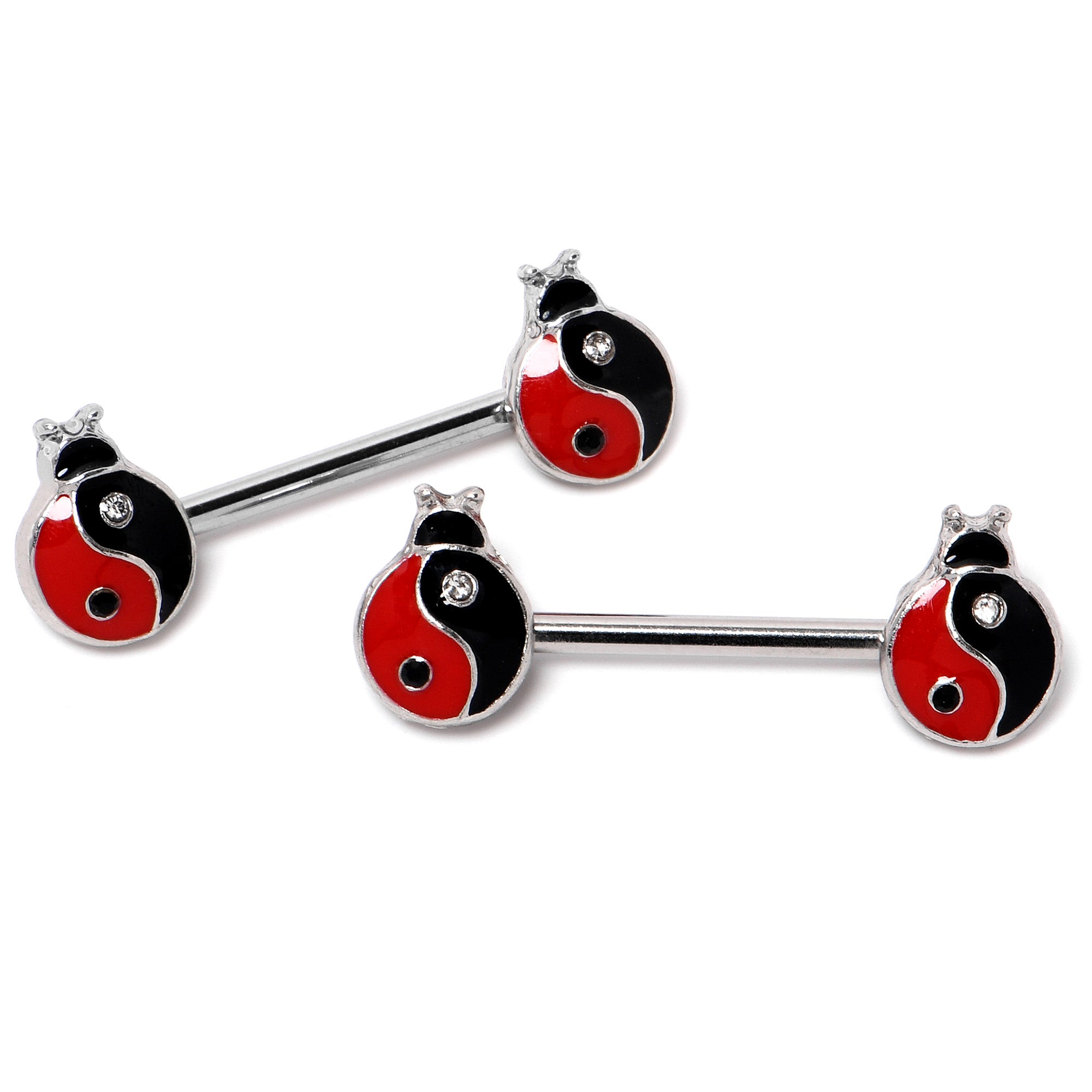 14 Gauge 9/16 Clear Gem Ladybug Yin Yang Barbell Nipple Ring Set